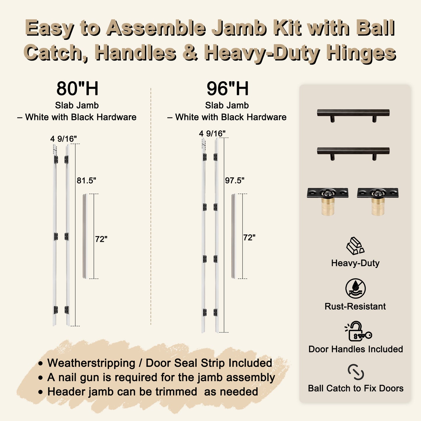 Jujubon Black Ball Catch French Door with Sealing Strip, Ready-to-Assemble Jamb, White, Pine Wood Jamb with Hinges, Levers and Latch