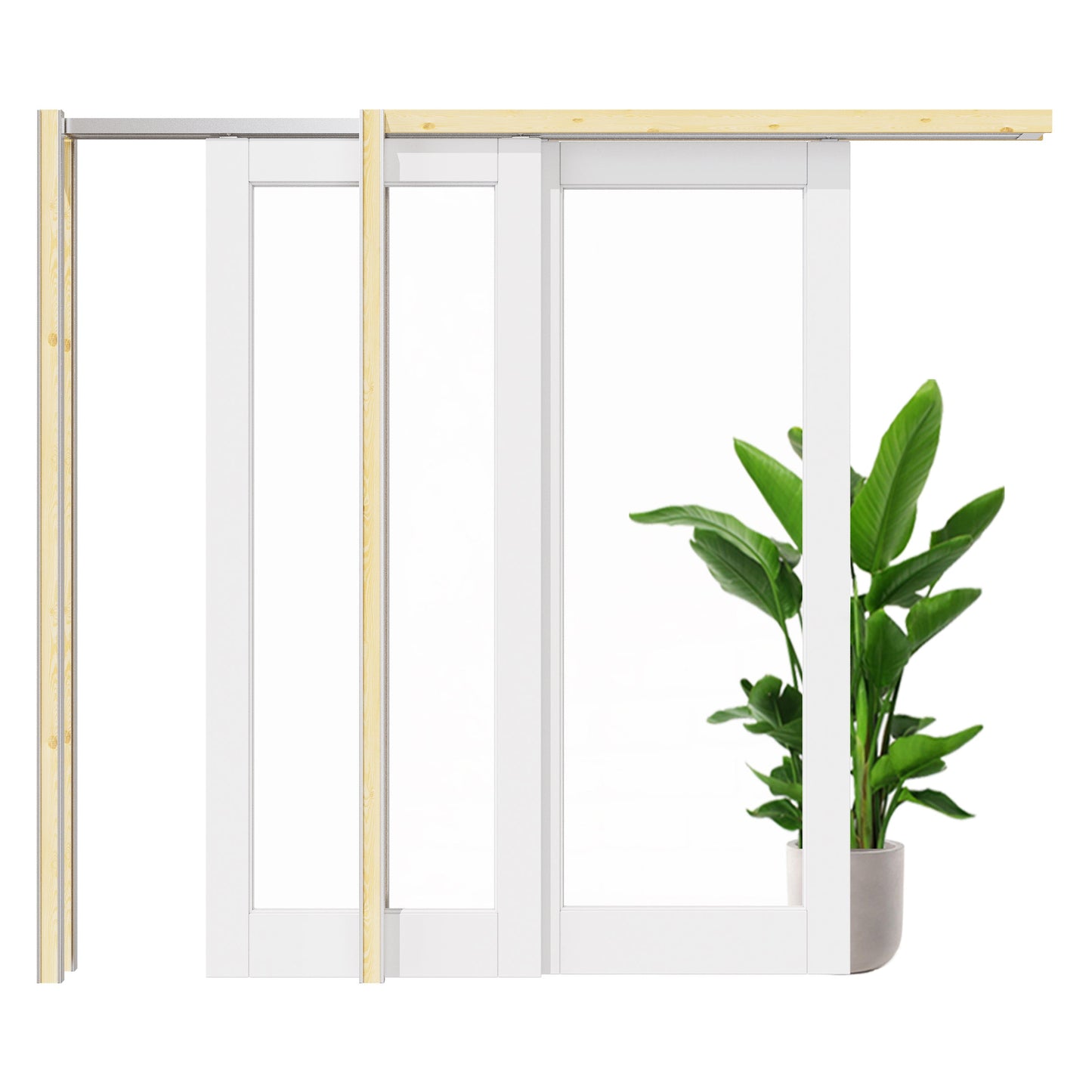 Jujubon 1 Lite Clear Glass Double Bypass Pocket Door with Hardware Kit & Soft Close & Frame, Solid Core MDF Wood & Paint-grade Finished, White
