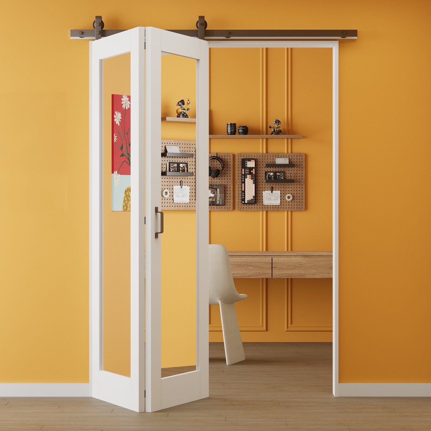 1 Lite Mirror Bifold Sliding Barn Door, Prefinished & Paintable Surface with Hardware Kit