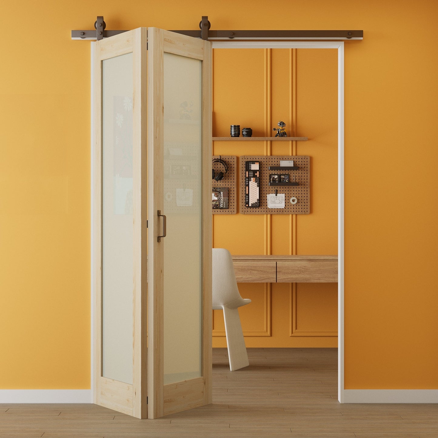 Pre-Assembled Bifold Barn Doors and Hardware Included, Pine Wood,Unfinished MDF Full Frosted Glass BiFold Barn Doors with Good Privacy, Interior Bifold Sliding Barn Door for Closet Pantry Laundry
