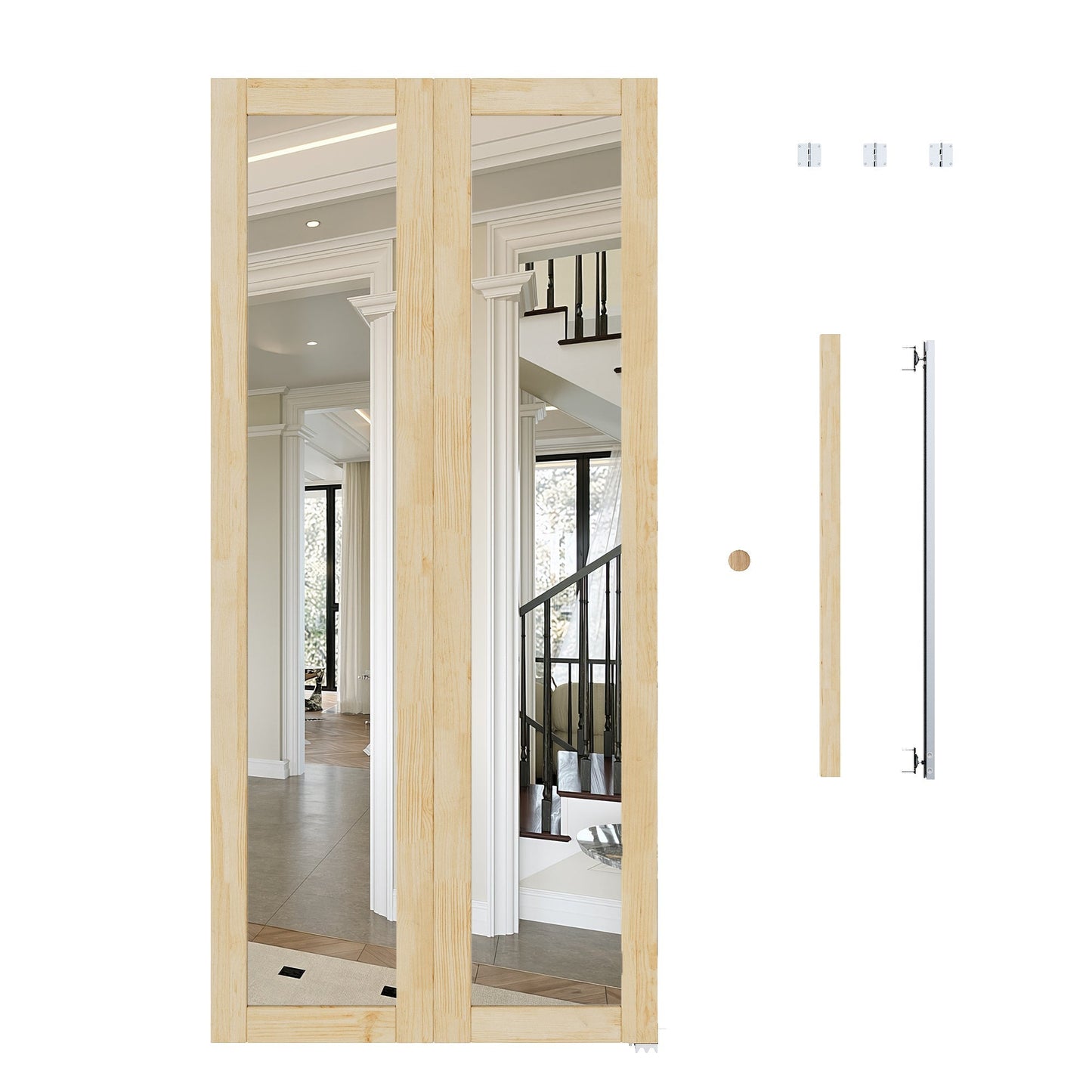 Jujubon 1-Lite Mirror Solid Core Unfinished Pine Wood Interior Closet Pivot Door with Hardware