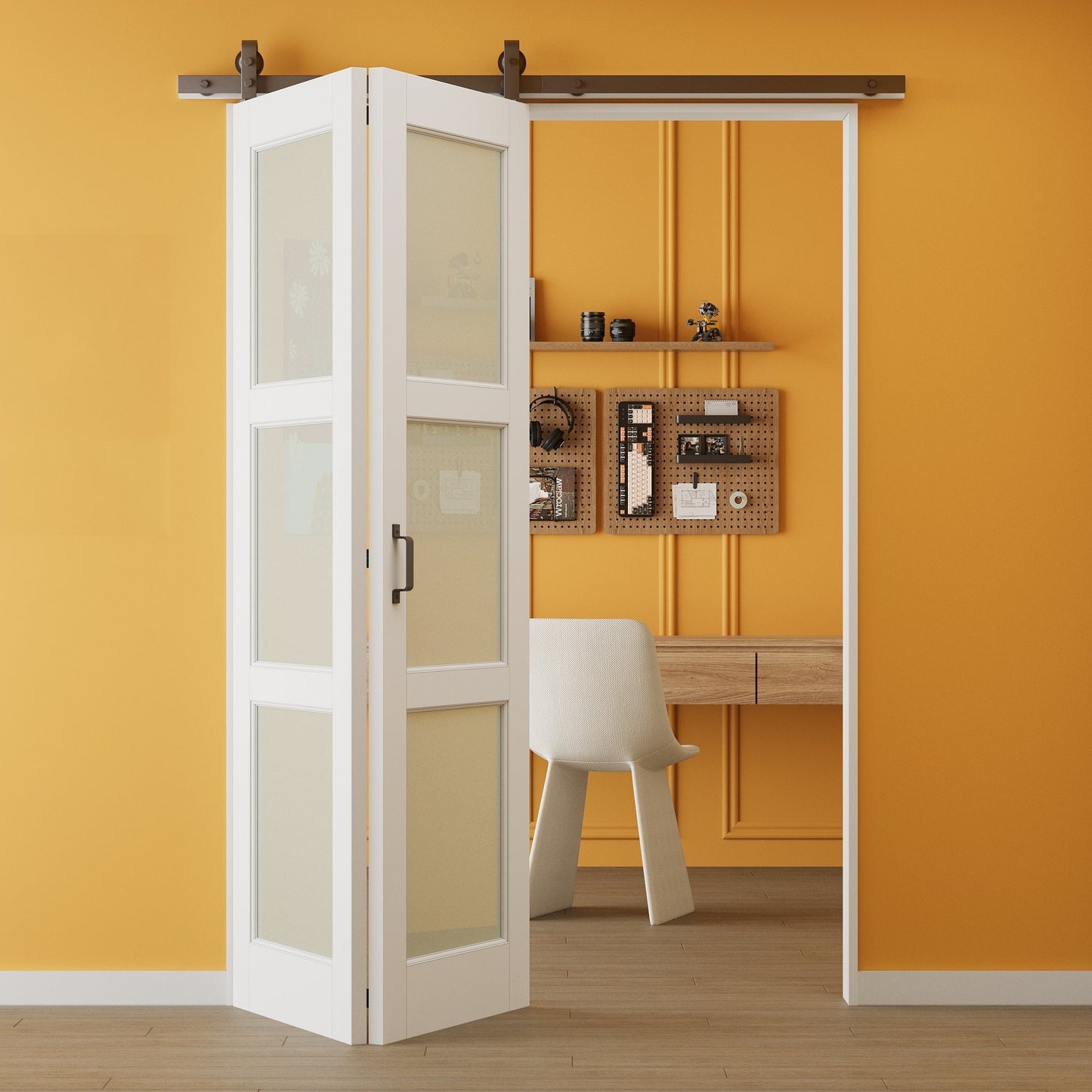 Paintable Bifold Barn Door, 3-Lite Tempered Frosted Glass Barn Door Bifold Closet Doors with Hardware Kit Included, Water-Resistant Pre-Assembled MDF Panels, Smooth Sliding Easy Install