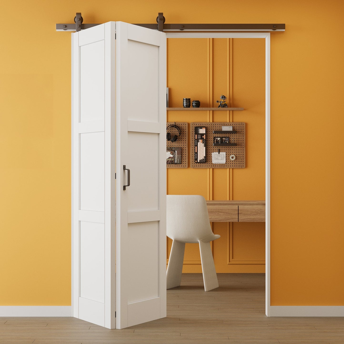 Paintable Bifold Barn Door, 3 Panels Barn Door Bifold Closet Doors with Hardware Kit Included, Water-Resistant Pre-Assembled MDF Panels, Smooth Sliding Easy Install
