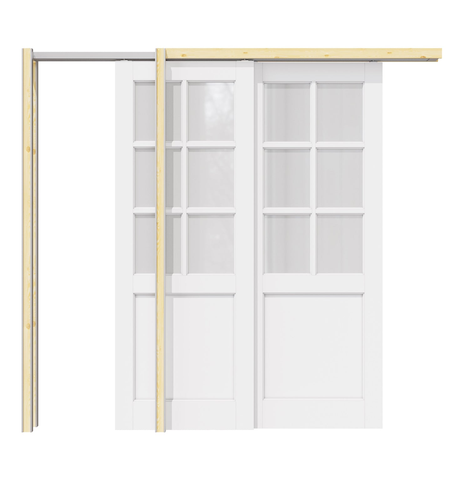 Jujubon 6-Lite Frosted Glass Pocket Door with Hardware Kit & Soft Close & Frame, MDF Wood & Paint-grade Finished, White