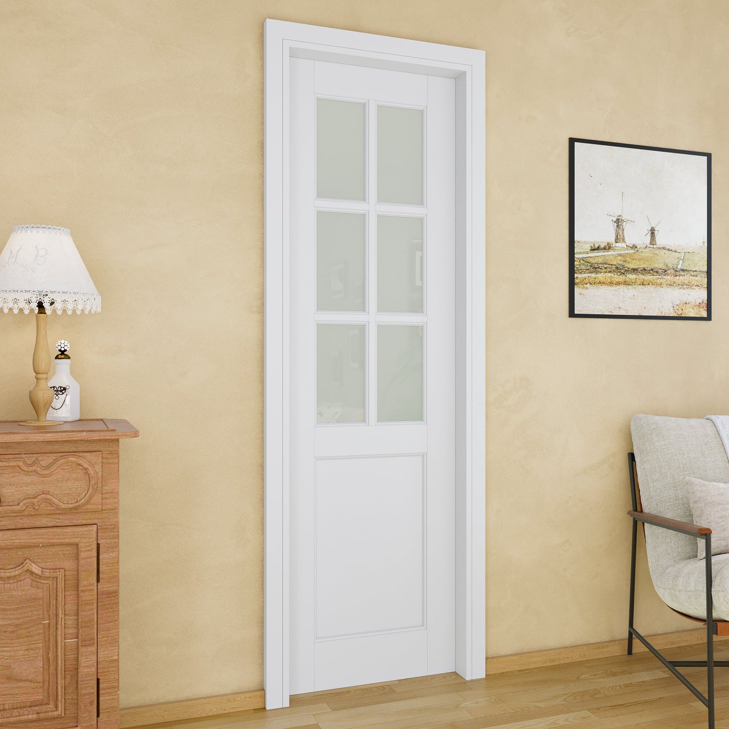 Jujubon 6-Lite Frosted Glass Pocket Door with Hardware Kit & Soft Close & Frame, MDF Wood & Paint-grade Finished, White