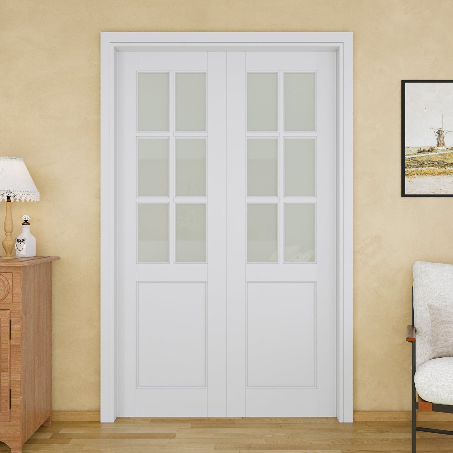 Jujubon 6-Lite Frosted Glass Pocket Door with Hardware Kit & Soft Close & Frame, MDF Wood & Paint-grade Finished, White