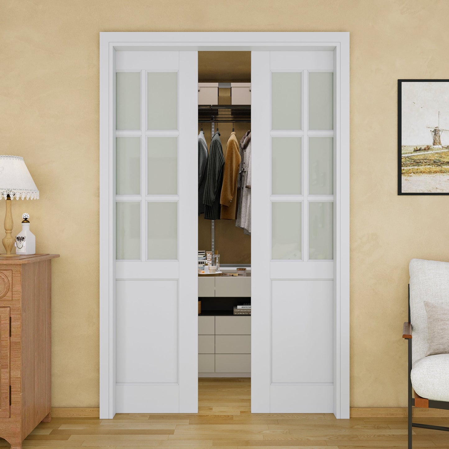 Jujubon 6-Lite Frosted Glass Pocket Door with Hardware Kit & Soft Close & Frame, MDF Wood & Paint-grade Finished, White