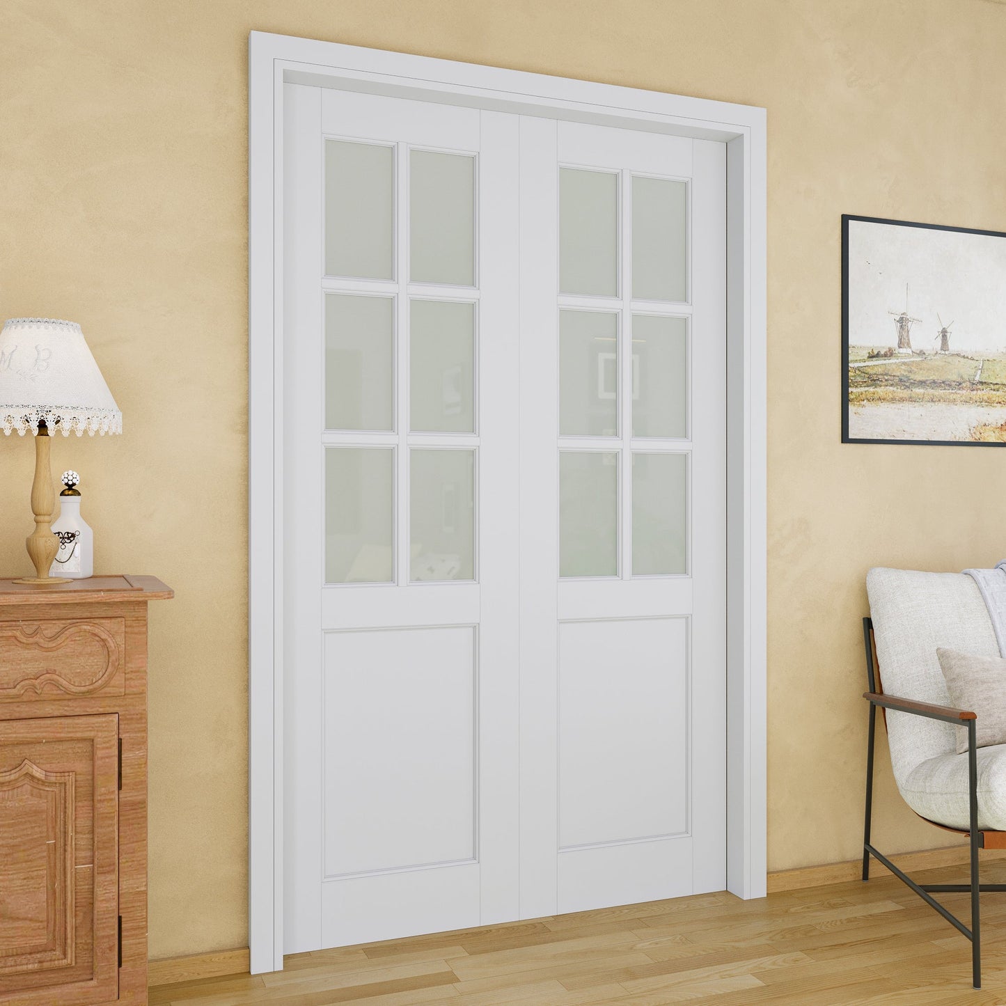 Jujubon 6-Lite Frosted Glass Pocket Door with Hardware Kit & Soft Close & Frame, MDF Wood & Paint-grade Finished, White