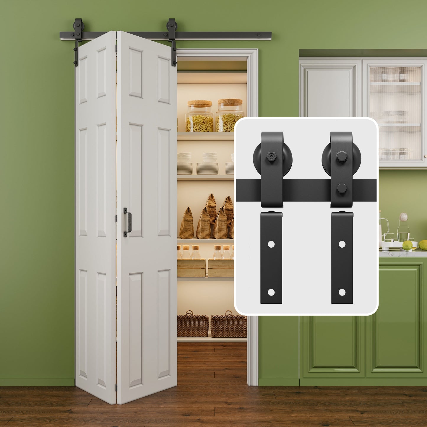 JUJUBON Bifold Barn Door Hardware Kit,Bi-Folding Closet Door Track Kit, Smoothly and Quietly, Fit Double Bifold Doors (1 Handle As A Gift, NO Door)