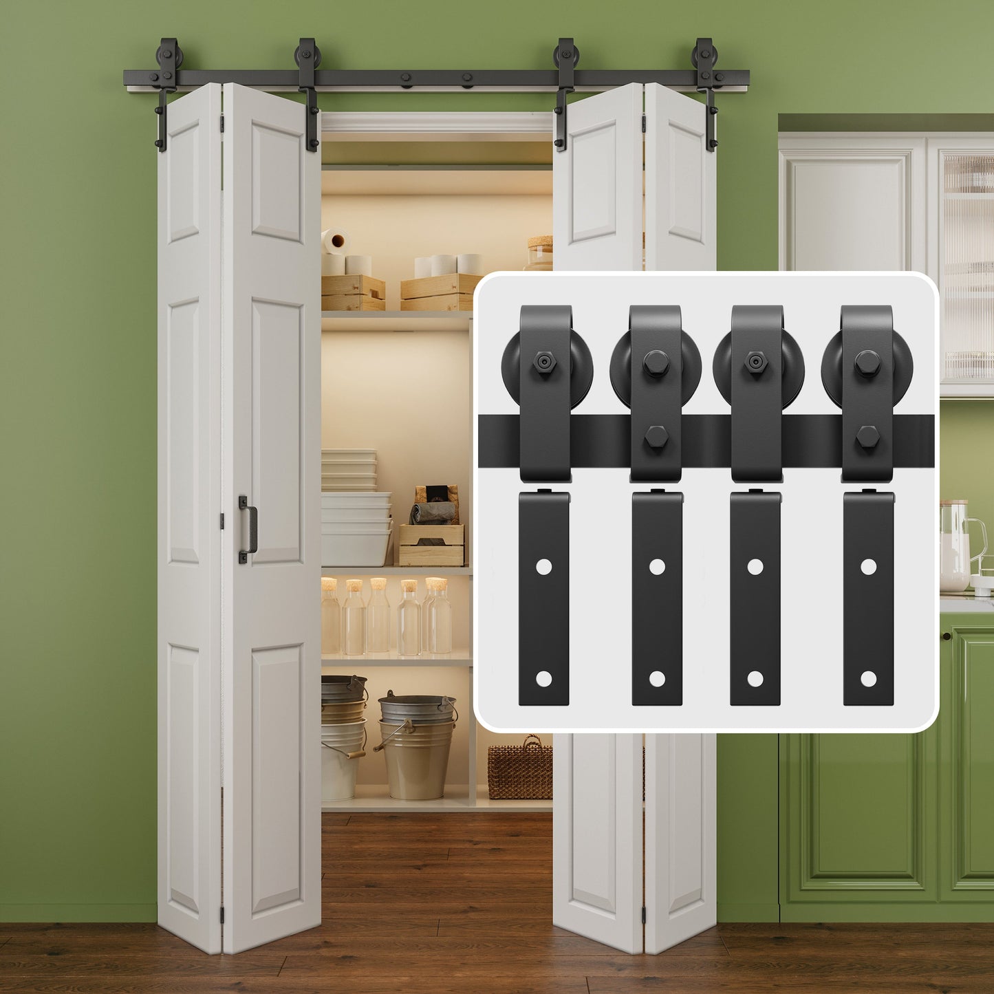JUJUBON Bifold Barn Door Hardware Kit, Bi-Folding Closet Door Track Kit, Smoothly and Quietly, Fit Four 18" Bifold Doors (2 Handles As Gifts, NO Door)