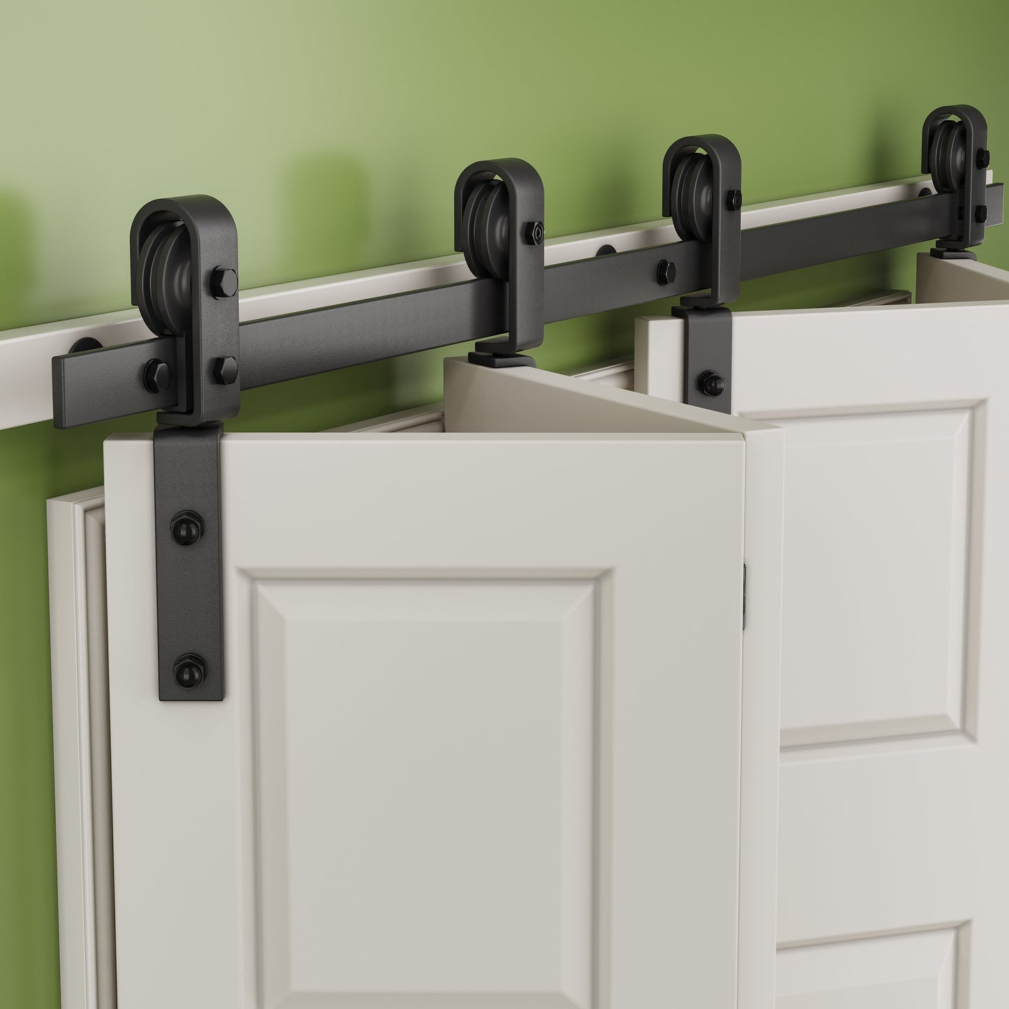 JUJUBON Bifold Barn Door Hardware Kit, Bi-Folding Closet Door Track Kit, Smoothly and Quietly, Fit Four 18" Bifold Doors (2 Handles As Gifts, NO Door)