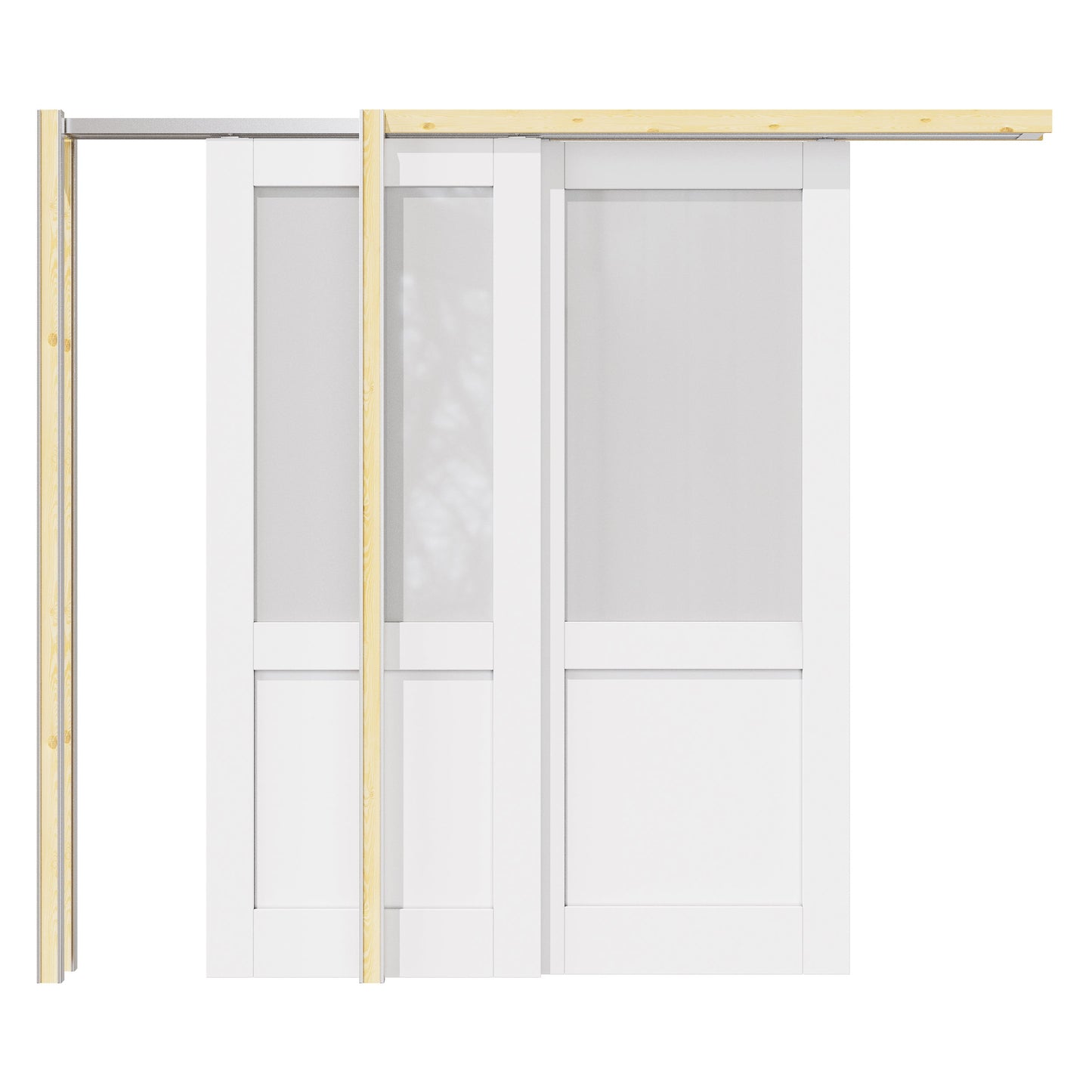 Jujubon Half Lite Frosted Glass Double Bypass Pocket Door with Hardware Kit & Soft Close & Frame, Solid Core MDF Wood & Paint-grade Finished, White