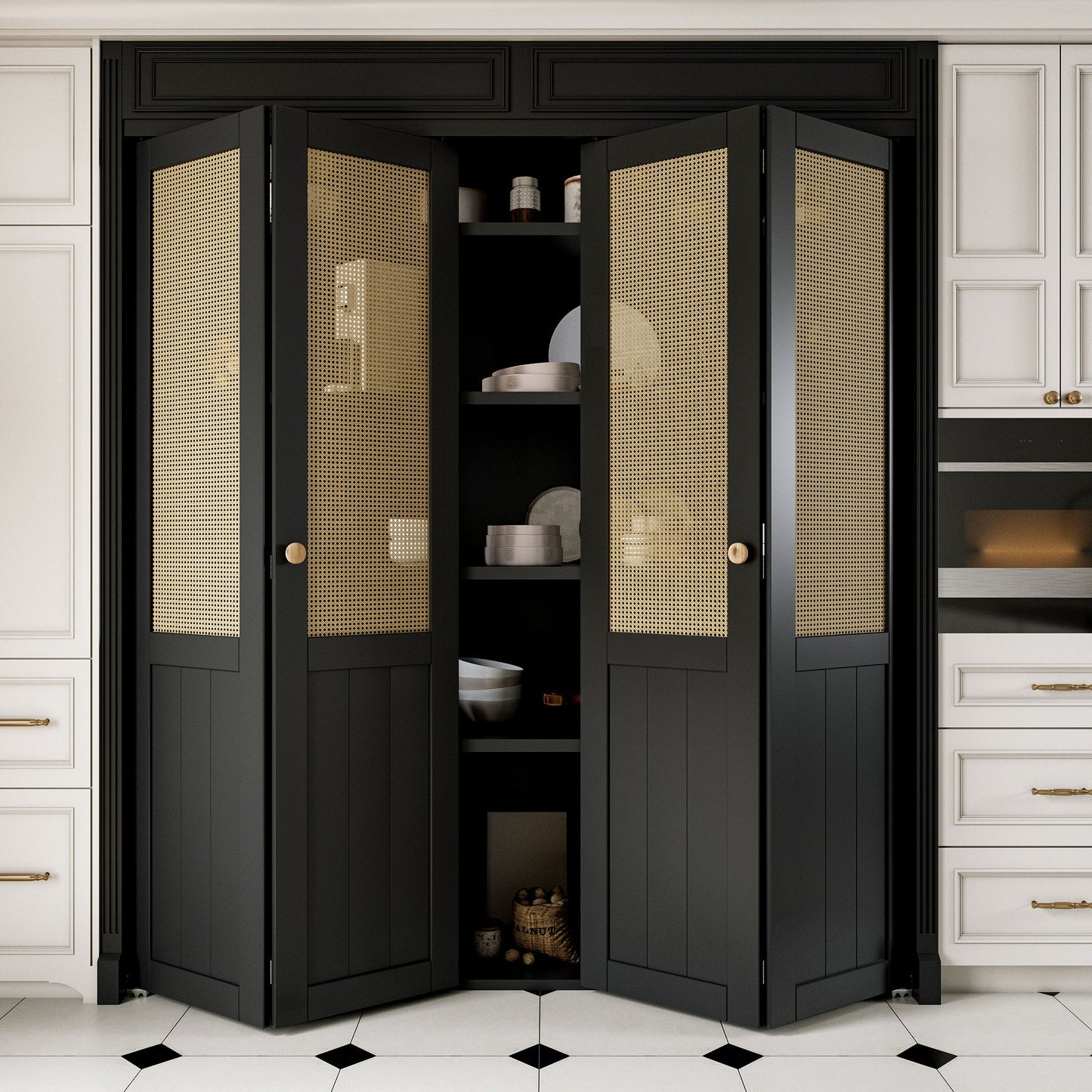 JUJUBON Rattan Bifold Closet Door, Cane Webbing Wood Interior Door Slab, Build Quality Black Folding Barn Door with Hardware, Fascia & Knob, Black