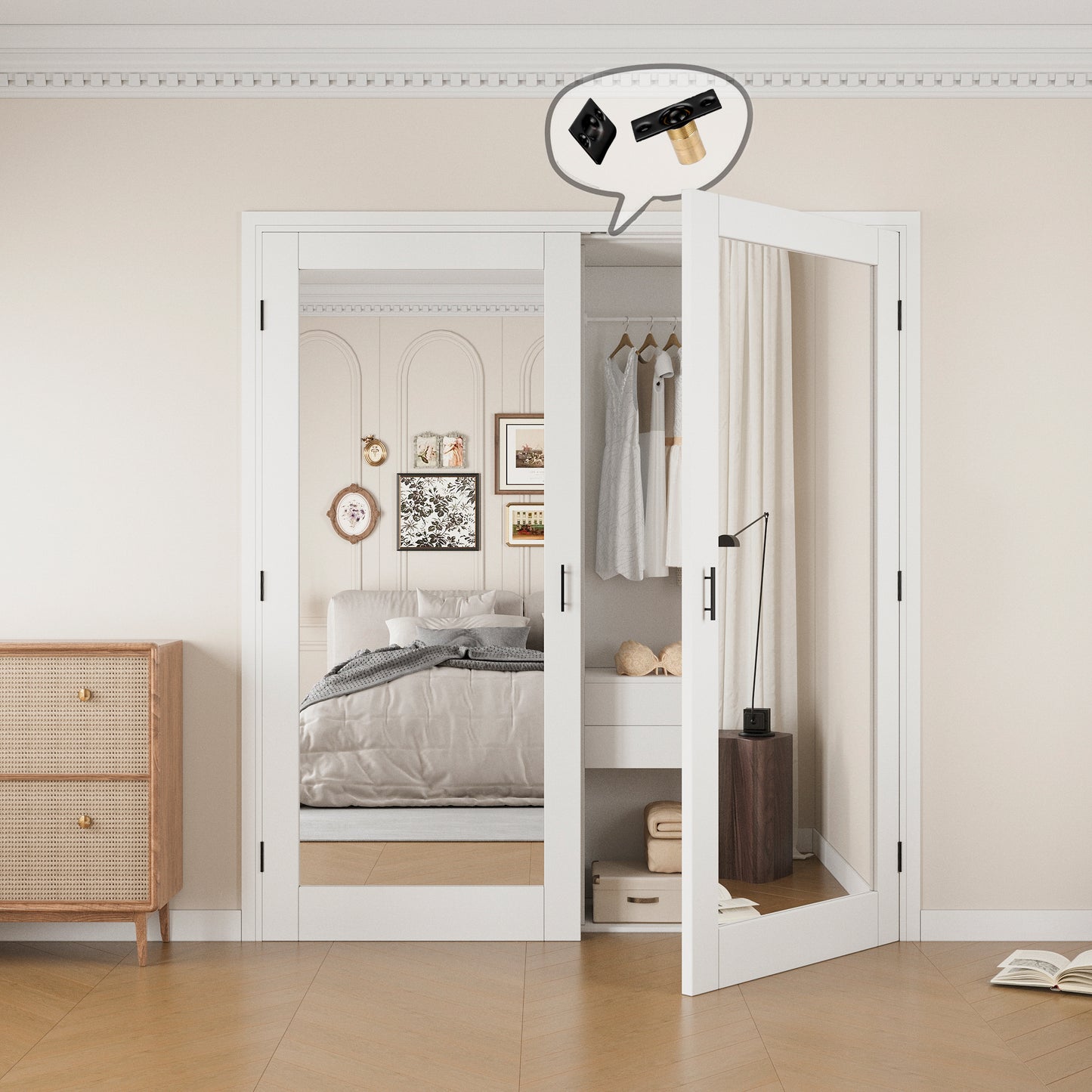 Jujubon 1-Lite One Side Mirror White Solid Core Finished Glass French Door Panels with Black Ball Catch, with Ready-to-Assemble Jamb