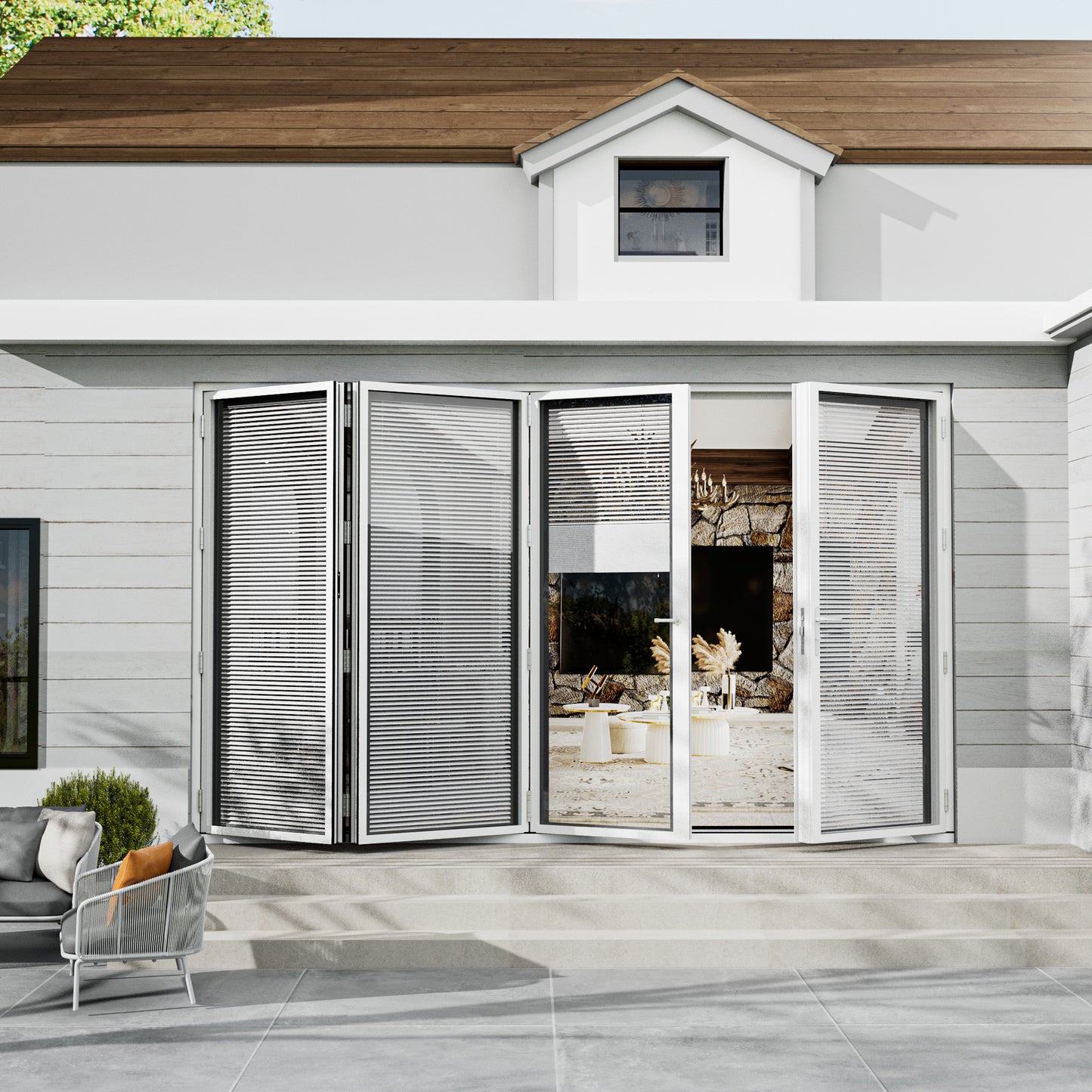 Jujubon 4 Panel Center Opening Outswing Double Louver White Aluminum Folding Patio Door