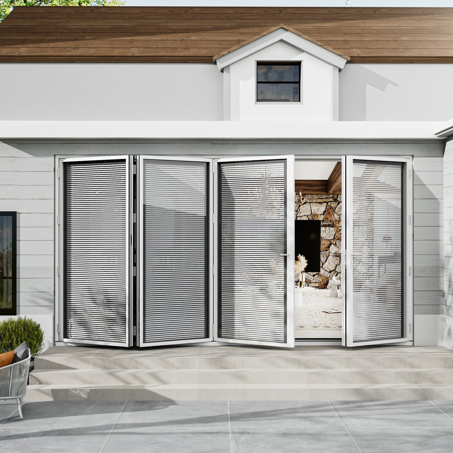 Jujubon 4 Panel Center Opening Outswing Double Louver White Aluminum Folding Patio Door