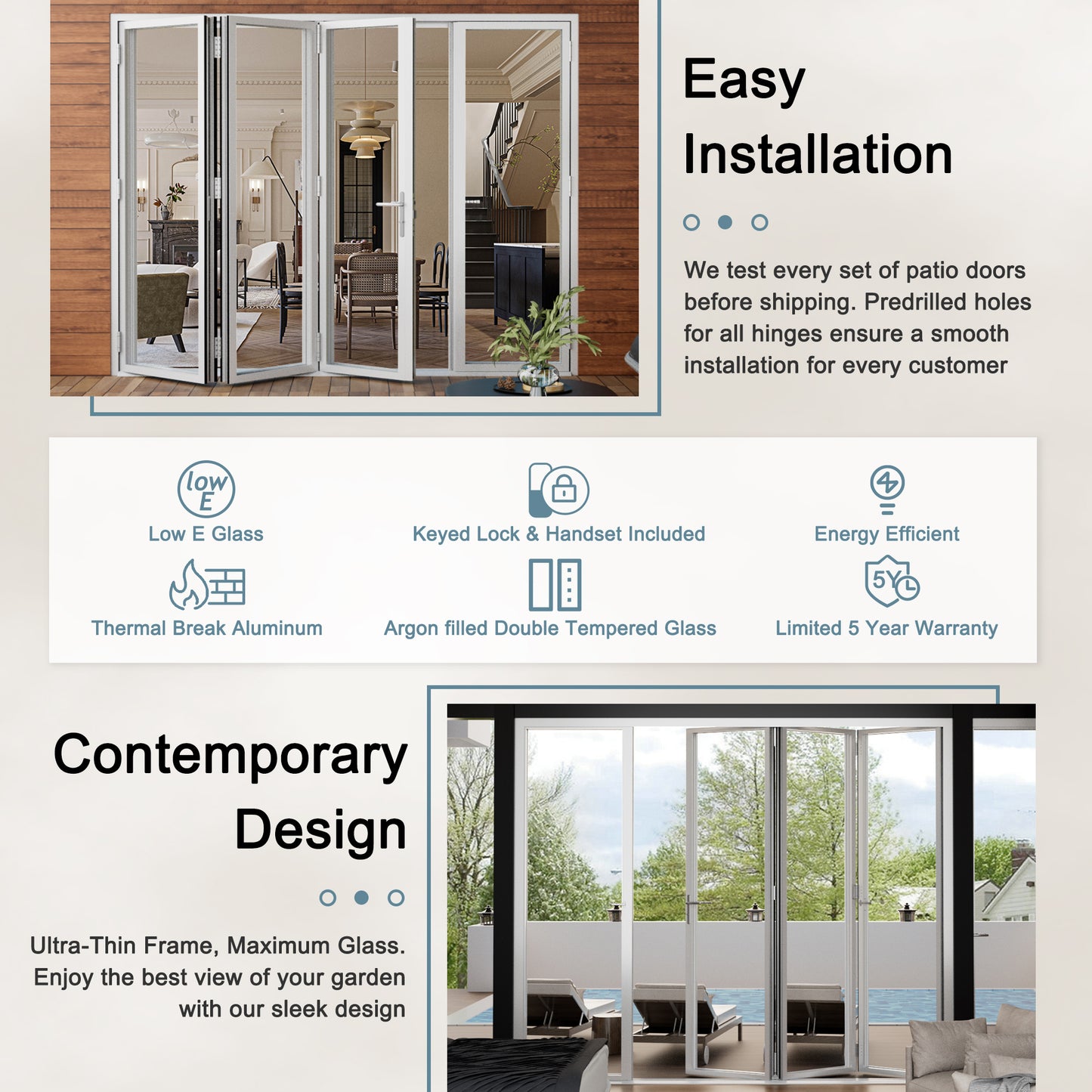 Jujubon 4 Panel Center Opening Outswing Double Louver White Aluminum Folding Patio Door