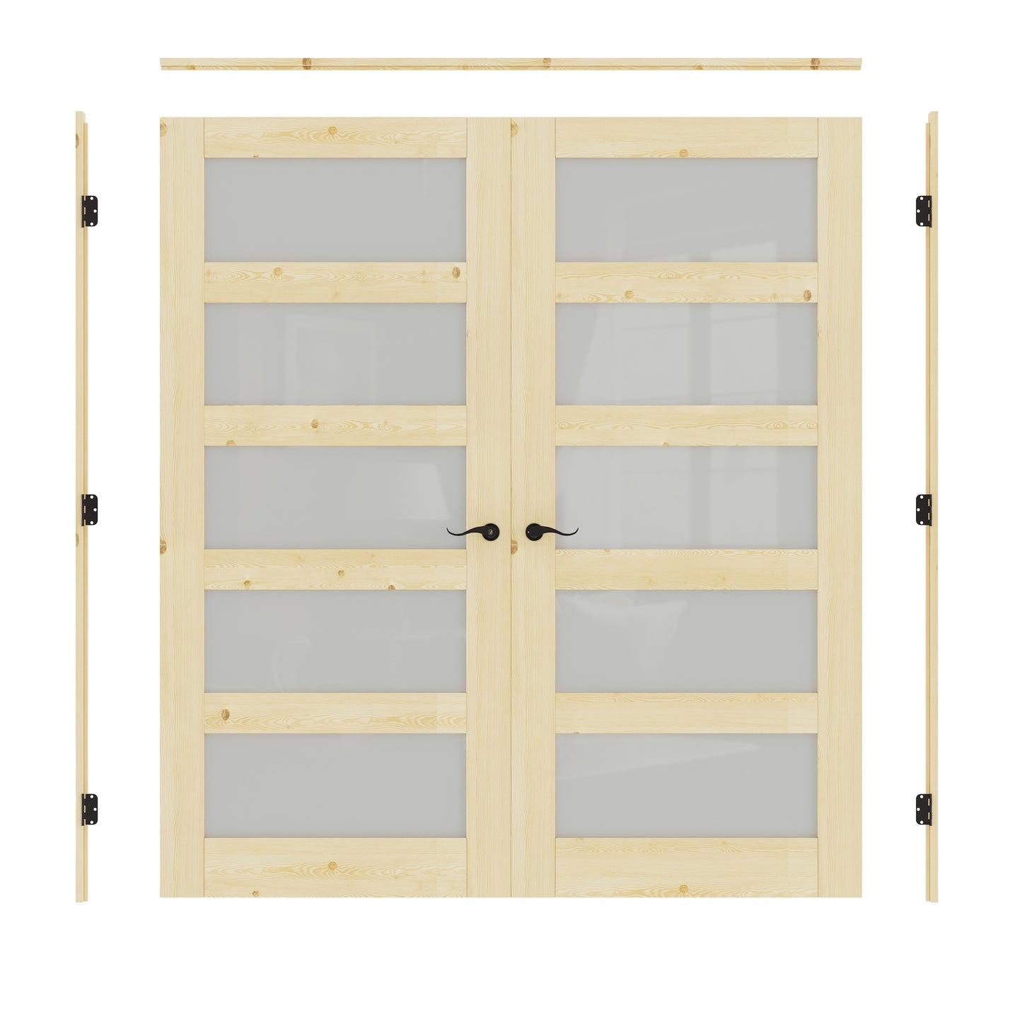 JUJUBON Prehung French Door, 5-Lite Tempered Frosted Glass & Pine Wood Door Slabs with Jamb, Black Hinges, 4 Levers & Latch, Solid Core Interior Doors, Unfinished Double Doors Interior