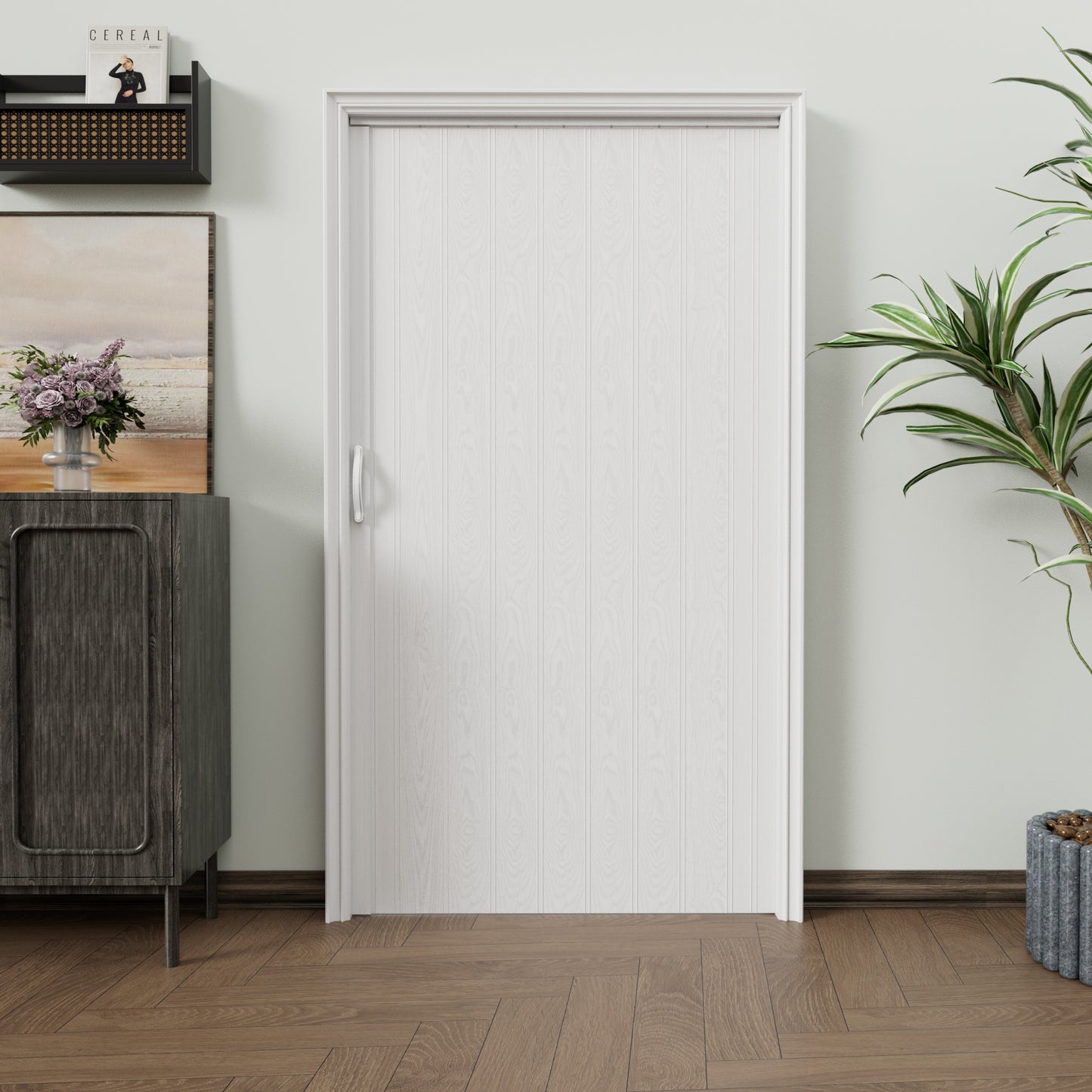 JUJUBON Single Layer White Accordion Doors 24"-36" x 80", with Roller & Handle & Complete Hardware, Interior Multifold Folding Doors for Closet & Pantry, Easy Installation