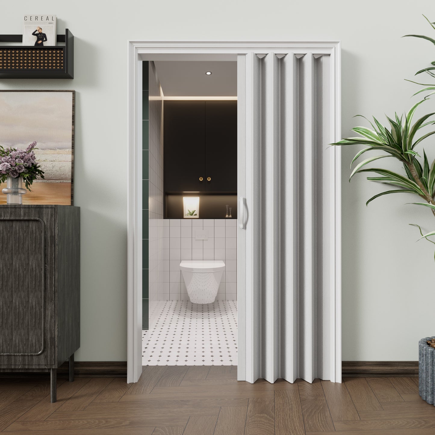 JUJUBON Single Layer White Accordion Doors 24"-36" x 80", with Roller & Handle & Complete Hardware, Interior Multifold Folding Doors for Closet & Pantry, Easy Installation