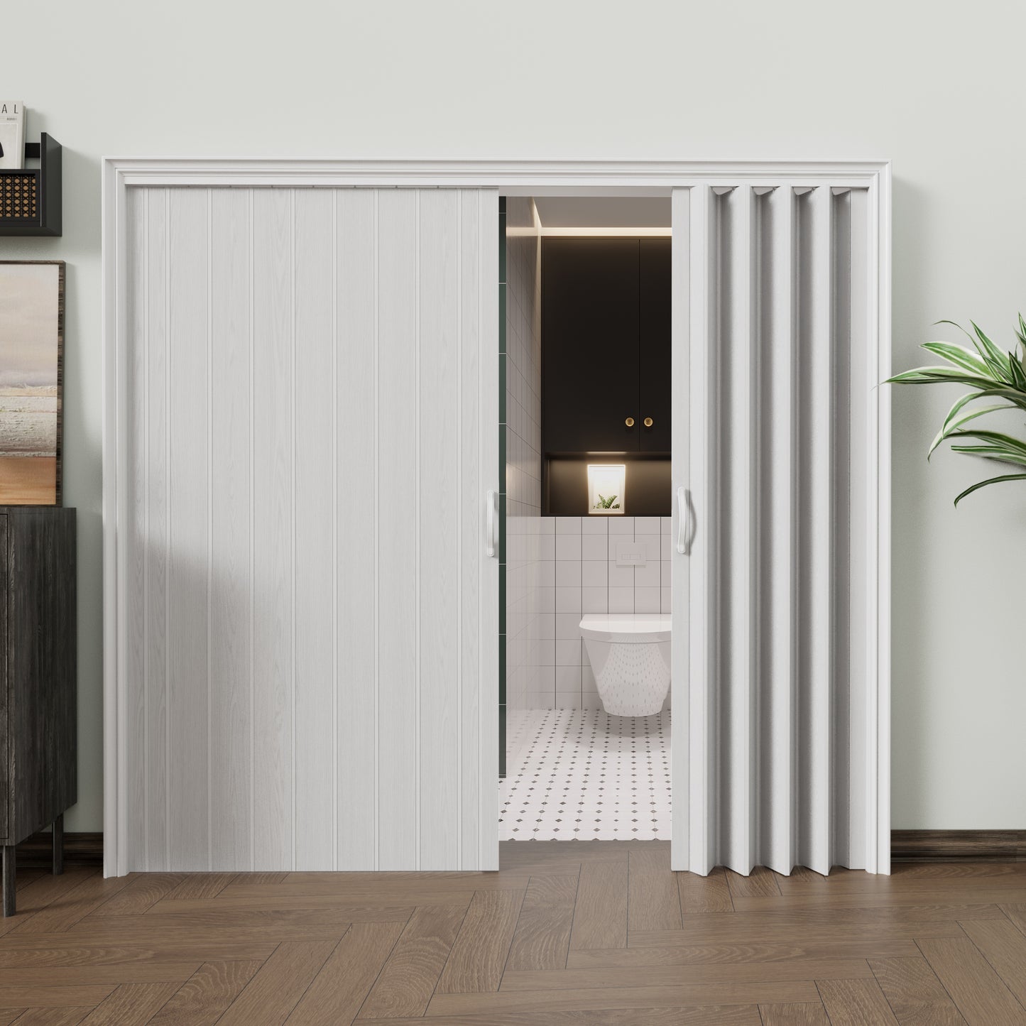 JUJUBON Single Layer White Accordion Doors 24"-36" x 80", with Roller & Handle & Complete Hardware, Interior Multifold Folding Doors for Closet & Pantry, Easy Installation