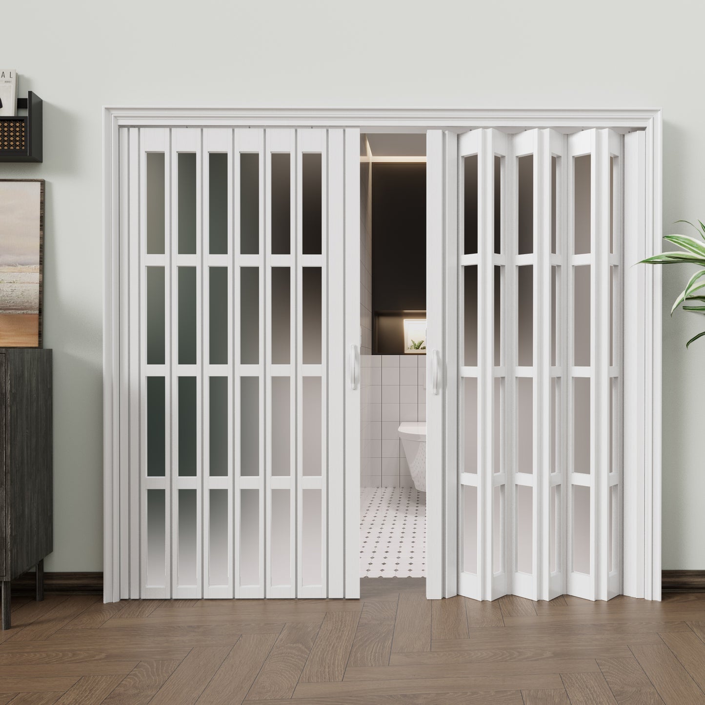 JUJUBON Enhanced Double-Layer Accordion Doors 24"-36" x 80", with Upgraded Roller & Handle & Complete Hardware, Interior Multifold Folding Doors for Closet & Pantry, Easy Installation