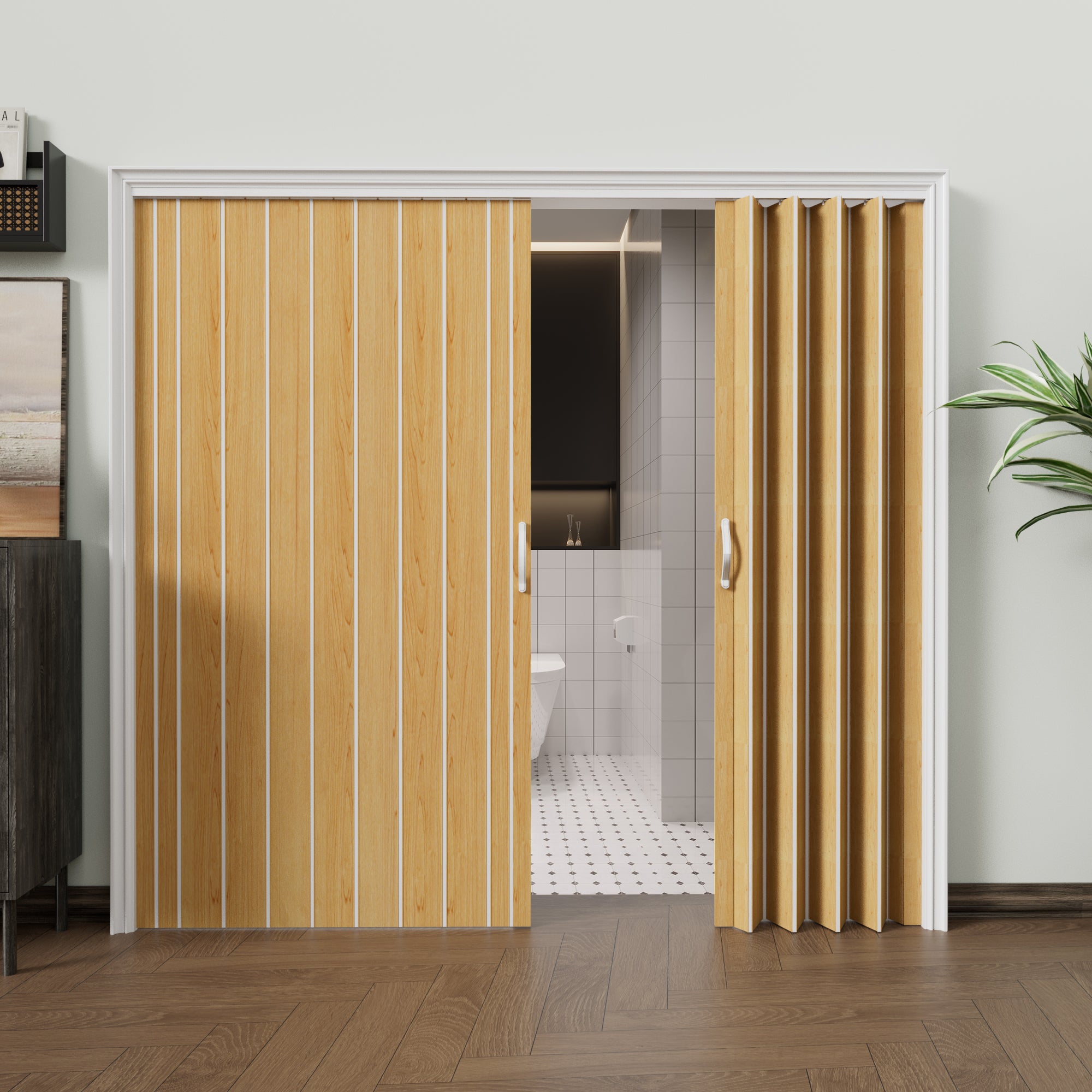 JUJUBON Enhanced Accordion Doors 24"-36" x 80", with Upgraded Roller & Handle & Complete Hardware, Interior Multifold Folding Doors for Closet & Pantry, Easy Installation - Oak, Double Layer