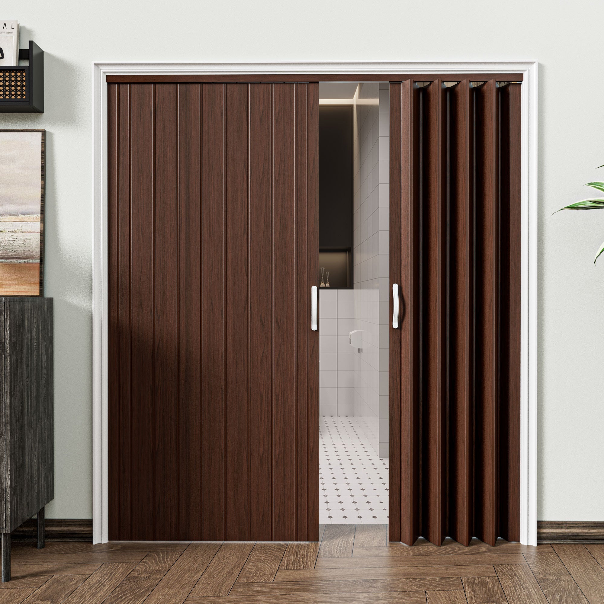 JUJUBON Accordion Doors 24"-36" x 80", with Upgraded Roller & Handle & Complete Hardware, Interior Multifold Folding Doors for Closet & Pantry, Easy Installation - Walnut, Single Layer