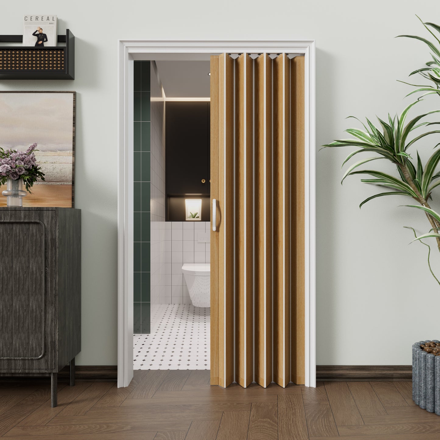 JUJUBON Enhanced Accordion Doors 24"-36" x 80", with Upgraded Roller & Handle & Complete Hardware, Interior Multifold Folding Doors for Closet & Pantry, Easy Installation - Oak, Double Layer