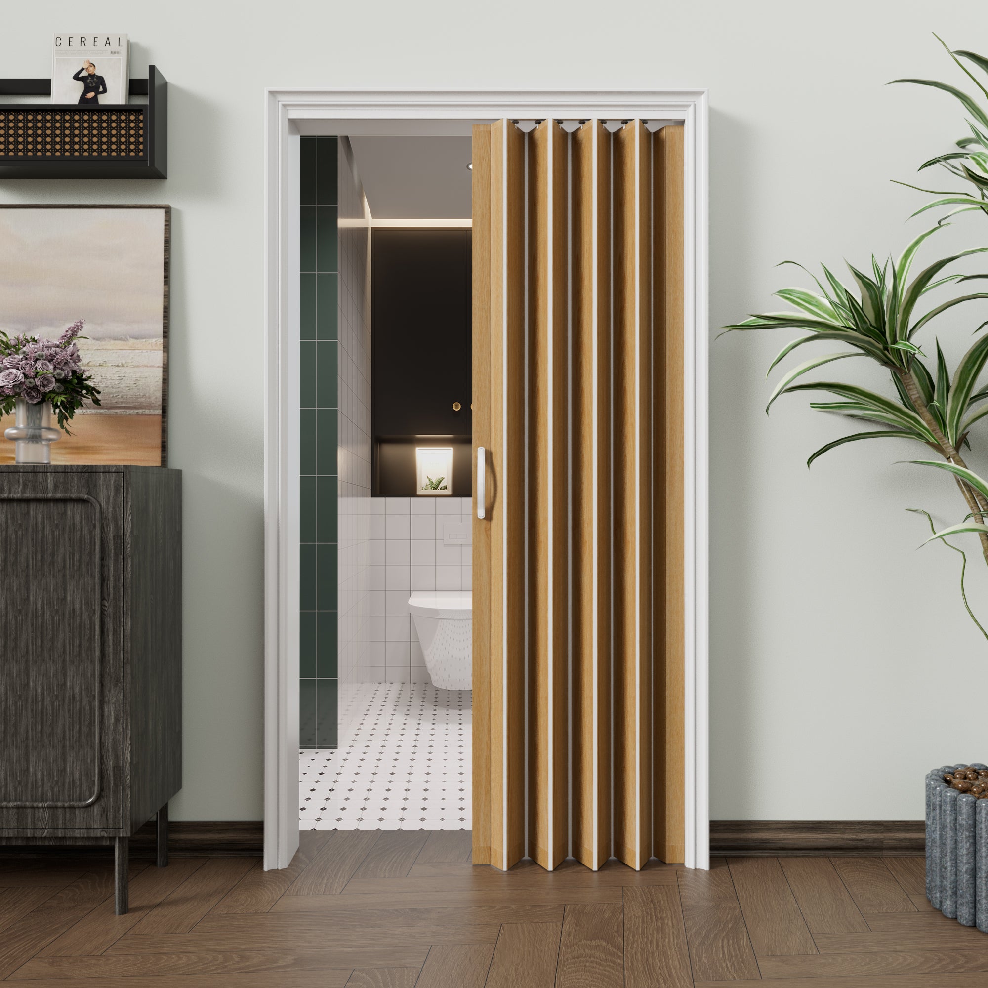 JUJUBON Enhanced Accordion Doors 24"-36" x 80", with Upgraded Roller & Handle & Complete Hardware, Interior Multifold Folding Doors for Closet & Pantry, Easy Installation - Oak, Double Layer