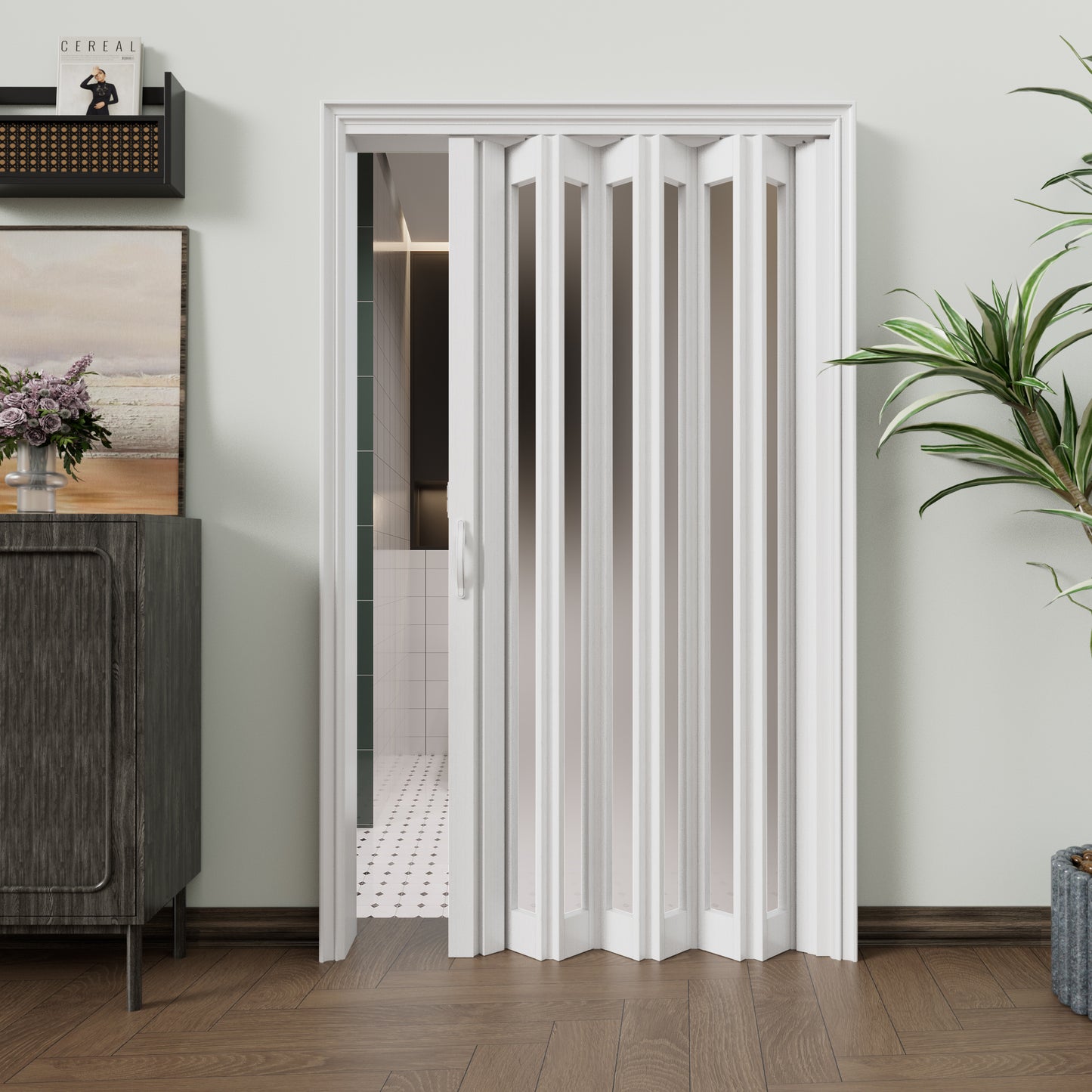 JUJUBON Enhanced Double-Layer Accordion Doors 24"-36" x 80", with Upgraded Roller & Handle & Complete Hardware, Interior Multifold Folding Doors for Closet & Pantry, Easy Installation