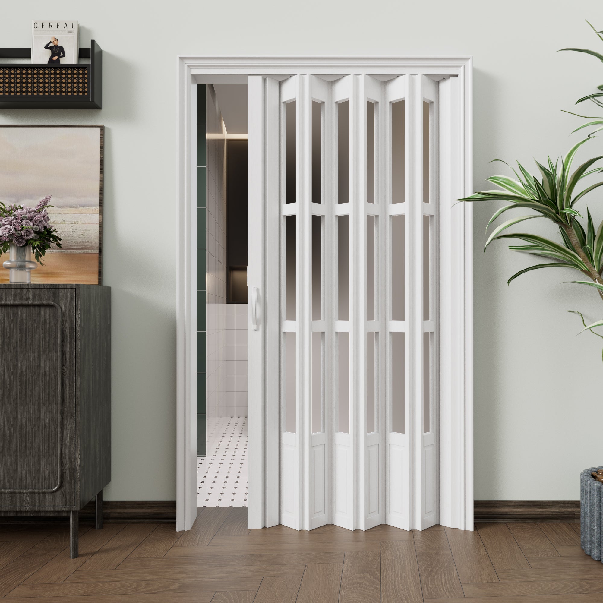 JUJUBON Enhanced Double-Layer Accordion Doors 24"-36" x 80", with Upgraded Roller & Handle & Complete Hardware, Interior Multifold Folding Doors for Closet & Pantry, Easy Installation