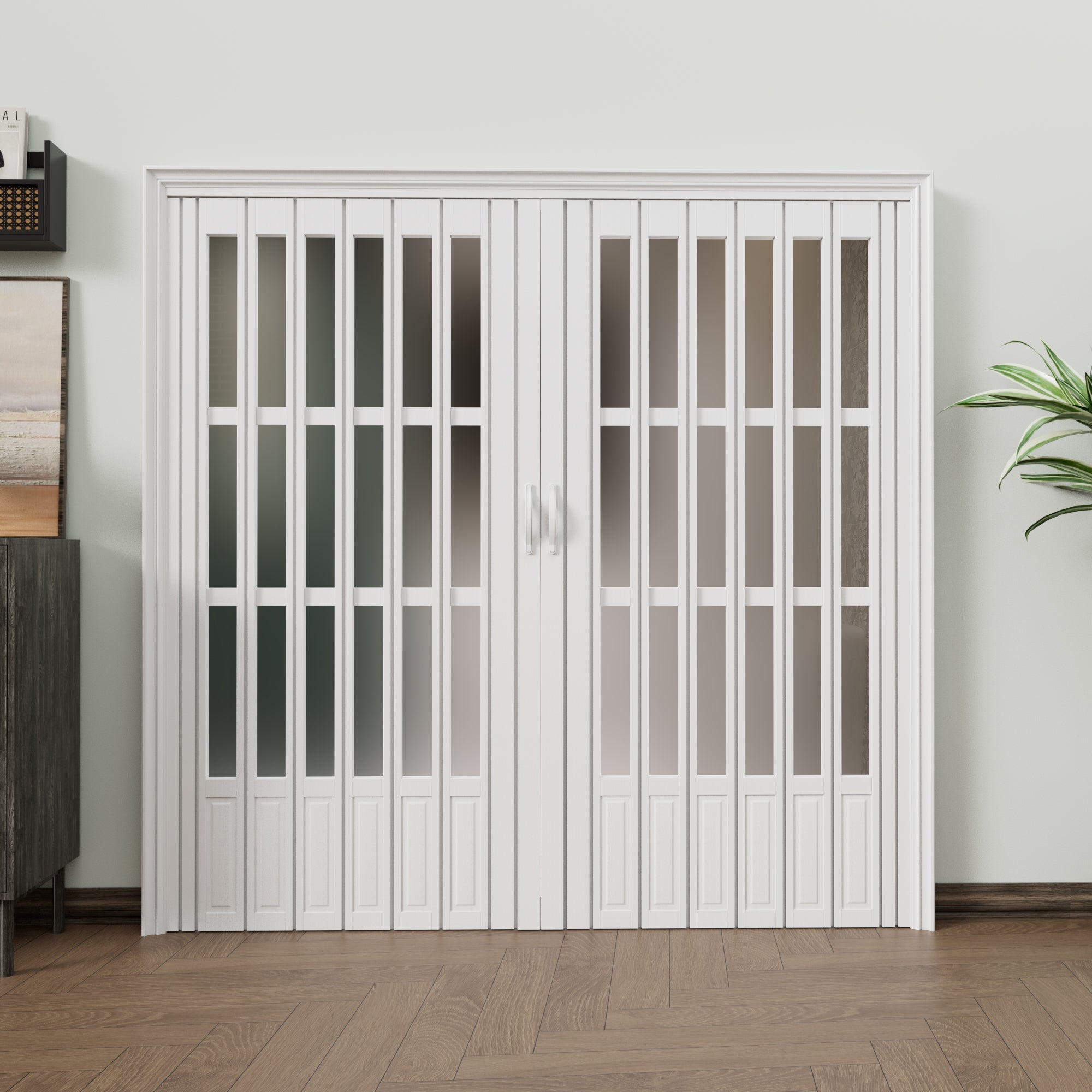 JUJUBON Enhanced Double-Layer Accordion Doors 24"-36" x 80", with Upgraded Roller & Handle & Complete Hardware, Interior Multifold Folding Doors for Closet & Pantry, Easy Installation