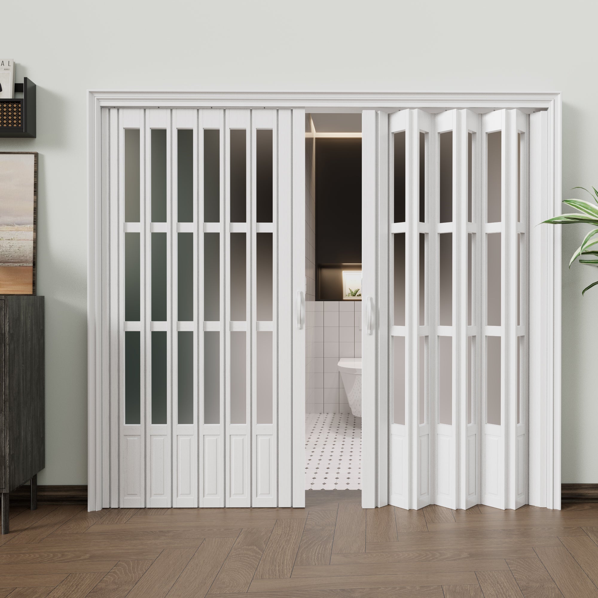 JUJUBON Enhanced Double-Layer Accordion Doors 24"-36" x 80", with Upgraded Roller & Handle & Complete Hardware, Interior Multifold Folding Doors for Closet & Pantry, Easy Installation