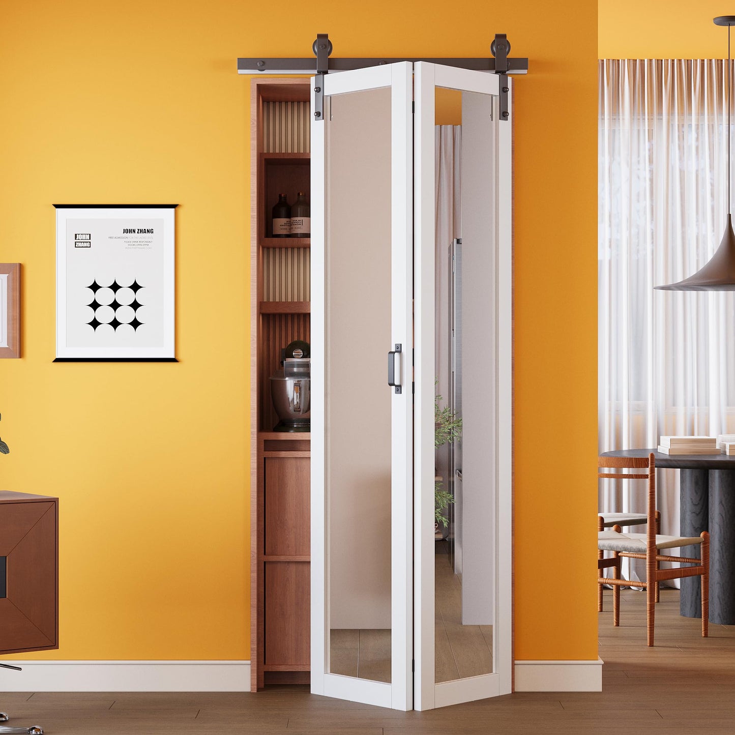 Pre-Assembled Solid Core Panels Bifold Barn Doors, Full-Length Mirrored Folding Barn Door Closet Doors, BiFold Barn Door with Hardware Kit for Interior Pantry Laundry Closet