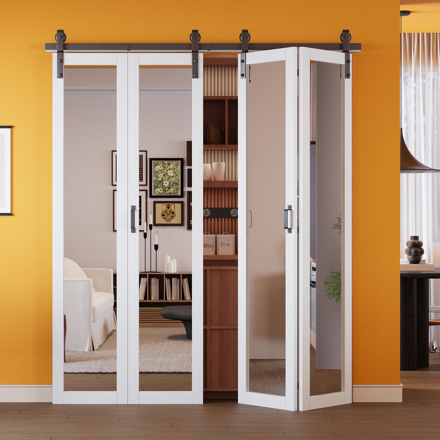 Pre-Assembled Solid Core Panels Bifold Barn Doors, Full-Length Mirrored Folding Barn Door Closet Doors, BiFold Barn Door with Hardware Kit for Interior Pantry Laundry Closet