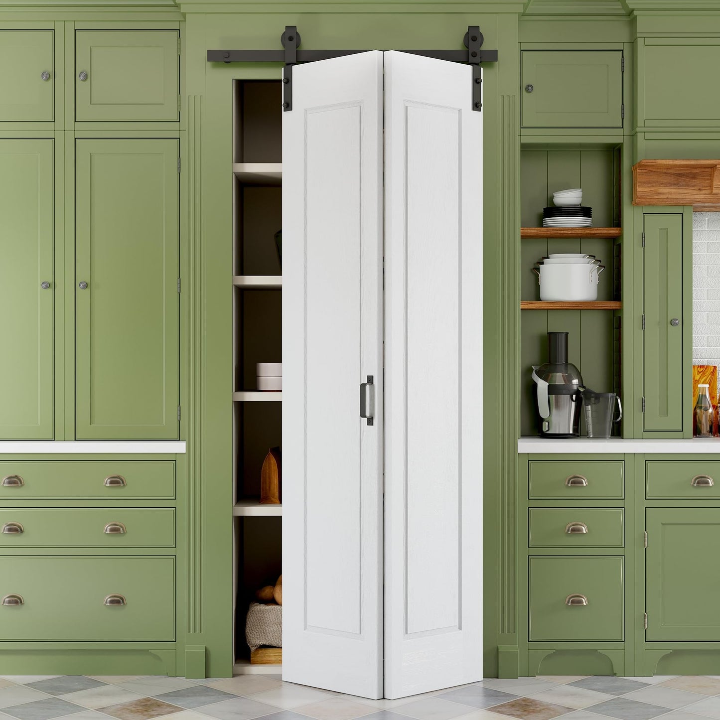 Paintable Bifold Barn Door, No Assembly Required, 1 Panel Bi-Fold Sliding Closet Doors with Hardware Kit Included,Track Kit for 2 Doors, Pre-Drilled Holes, White