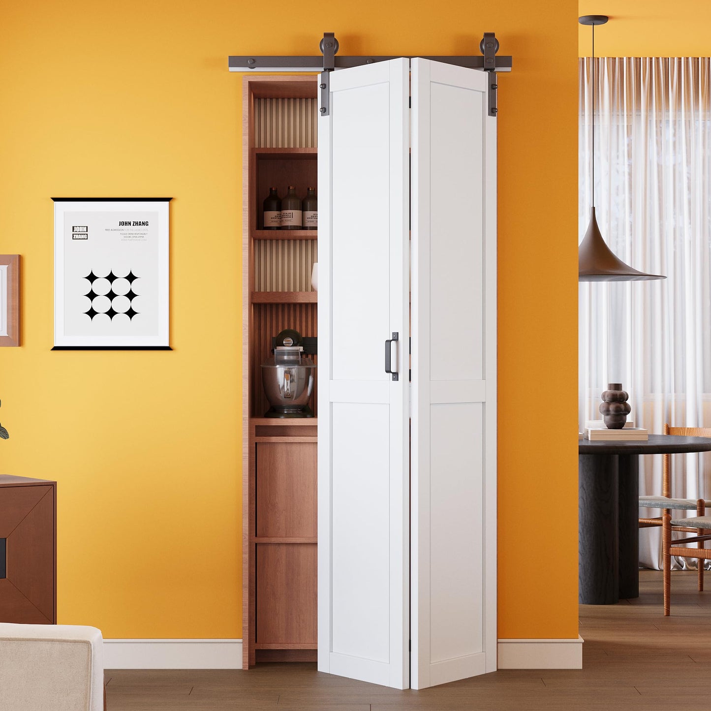 Pre-Assembled Solid Core Panels Bifold Barn Door and Track Kit Included, Paintable White Primed Finished Bi Fold Barn Door for Interior, H-Shape Bifold Sliding Closet Doors