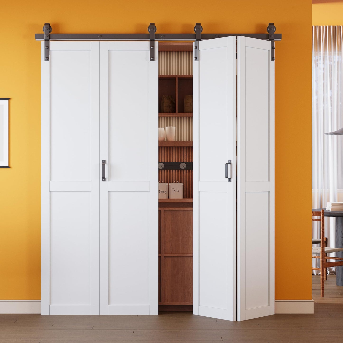 Pre-Assembled Solid Core Panels Bifold Barn Door and Track Kit Included, Paintable White Primed Finished Bi Fold Barn Door for Interior, H-Shape Bifold Sliding Closet Doors