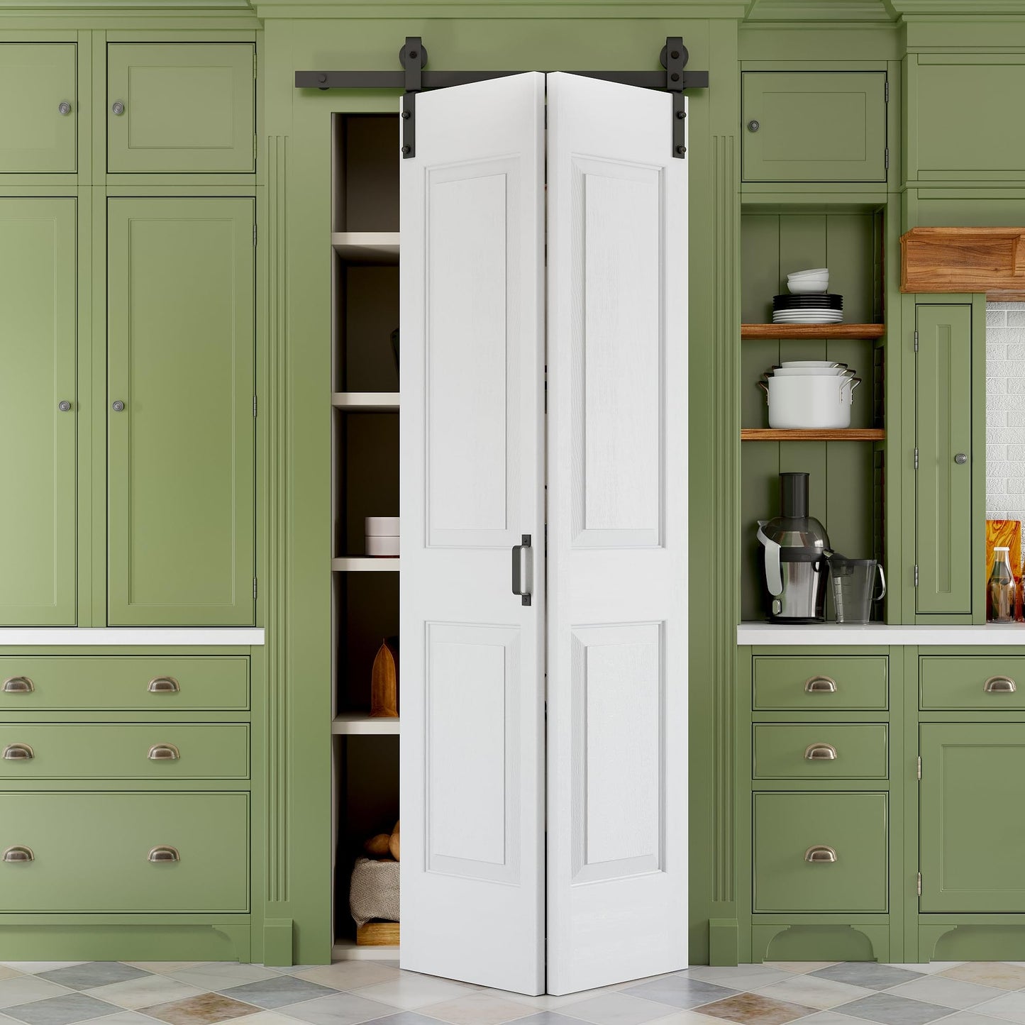 Paintable Bifold Barn Door, No Assembly Required, 4 Panels Bifold Sliding Closet Doors with Hardware Kit Included,Track Kit for 2 Doors, Pre-Drilled Holes, White