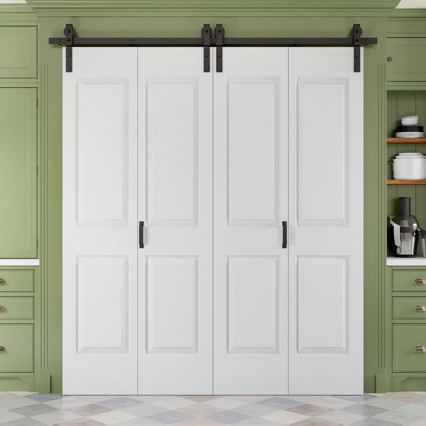 Paintable Bifold Barn Door, No Assembly Required, 4 Panels Bifold Sliding Closet Doors with Hardware Kit Included,Track Kit for 2 Doors, Pre-Drilled Holes, White