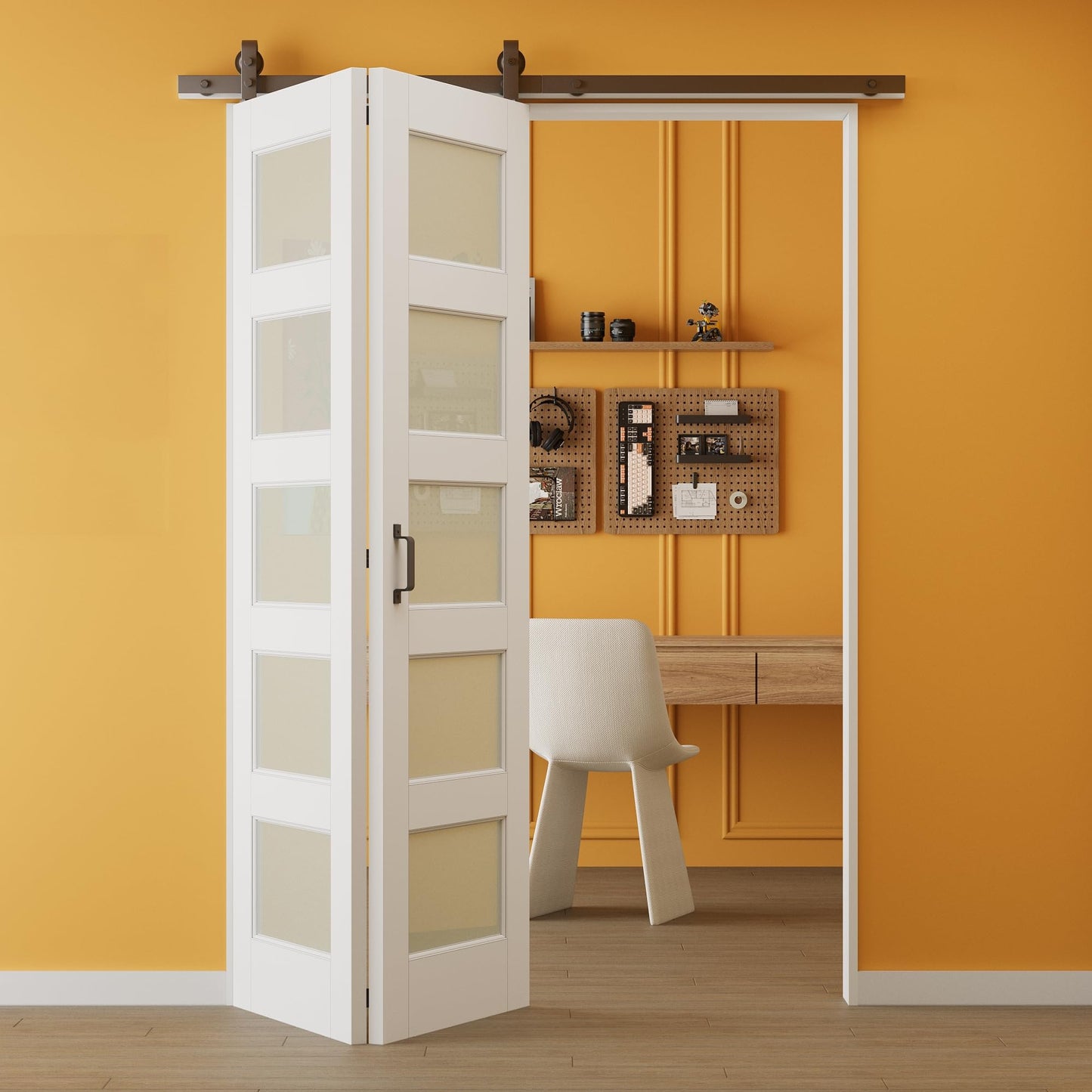 Paintable Bifold Barn Door, 5-Lite Tempered Frosted Glass Barn Door Bifold Closet Doors with Hardware Kit Included, Water-Resistant Pre-Assembled MDF Panels, Smooth Sliding Easy Install