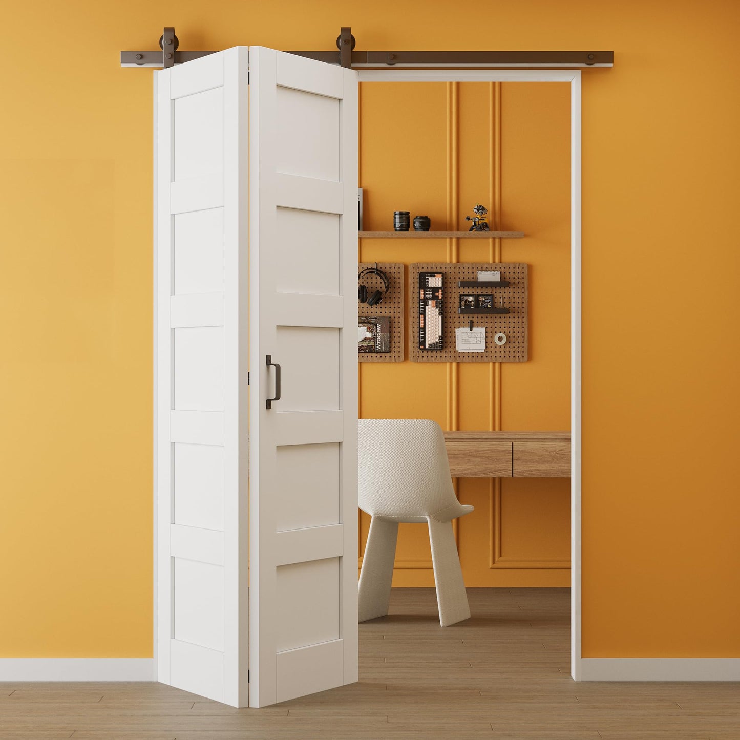 Paintable Bifold Barn Door, 5 Panels Barn Door Bifold Closet Doors with Hardware Kit Included, Water-Resistant Pre-Assembled MDF Panels, Smooth Sliding Easy Install