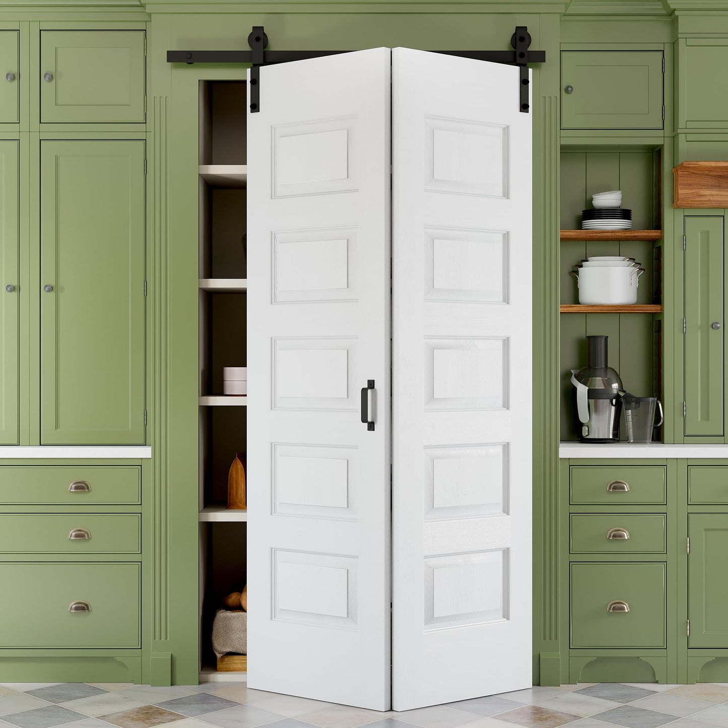 Paintable Bifold Barn Door, No Assembly Required, 5 Panels Bi-Fold Sliding Closet Doors with Hardware Kit Included,Track Kit for 2 Doors, Pre-Drilled Holes, White
