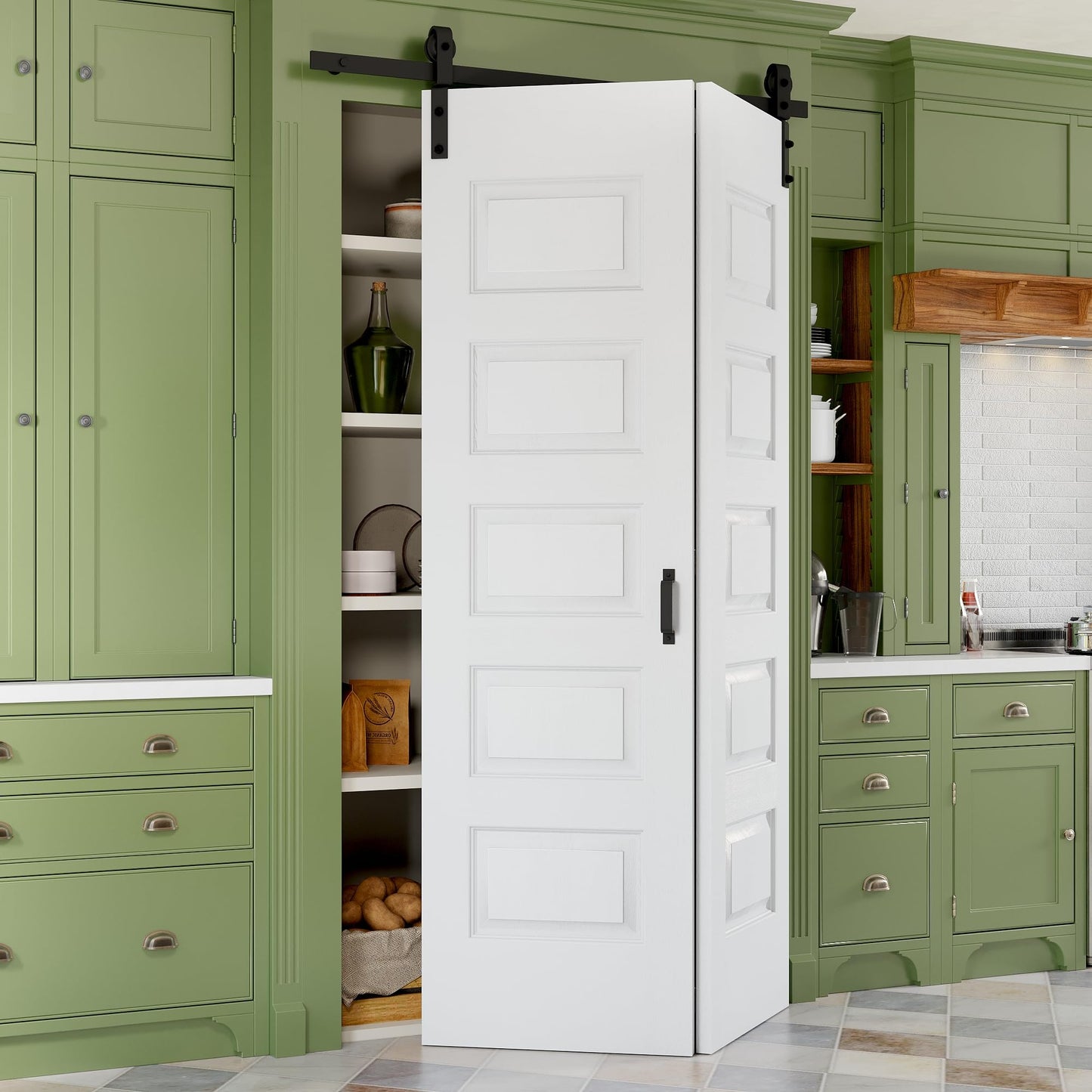 Paintable Bifold Barn Door, No Assembly Required, 5 Panels Bi-Fold Sliding Closet Doors with Hardware Kit Included,Track Kit for 2 Doors, Pre-Drilled Holes, White