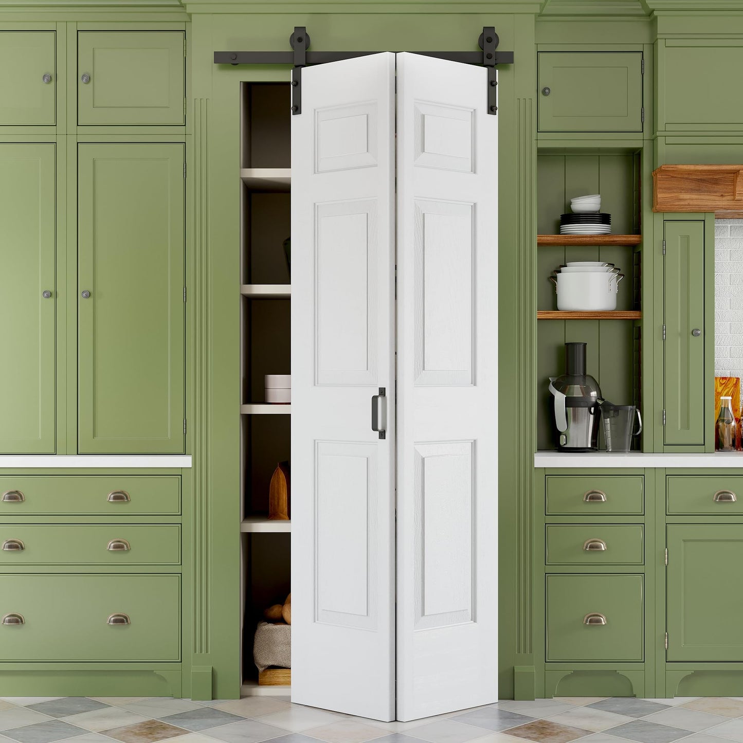 Paintable Bifold Barn Door No Assembly Required, 6 Panels Bi-Fold Doors with Hardware Kit Included, Track Kit for Sliding Closet Doors, Pre-Drilled Holes, White