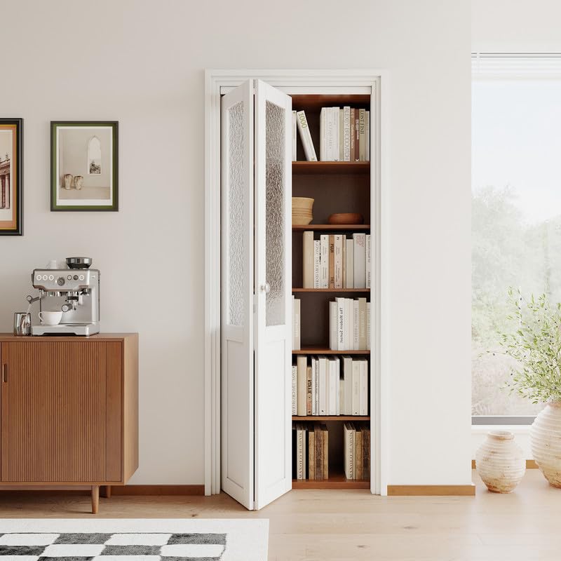 JUJUBON Bi-Fold Doors for Opening, Half Tempered Frosted Glass Closet Door with MDF Panel Hardware Kit Included, Interior Folding Door Easy Assembly