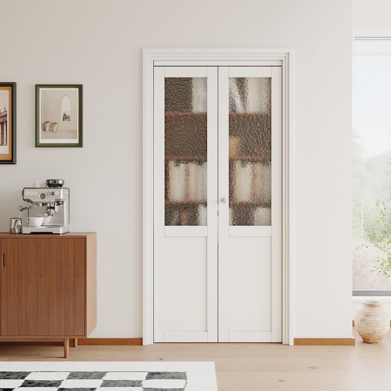 JUJUBON Bi-Fold Doors for Opening, Half Tempered Frosted Glass Closet Door with MDF Panel Hardware Kit Included, Interior Folding Door Easy Assembly