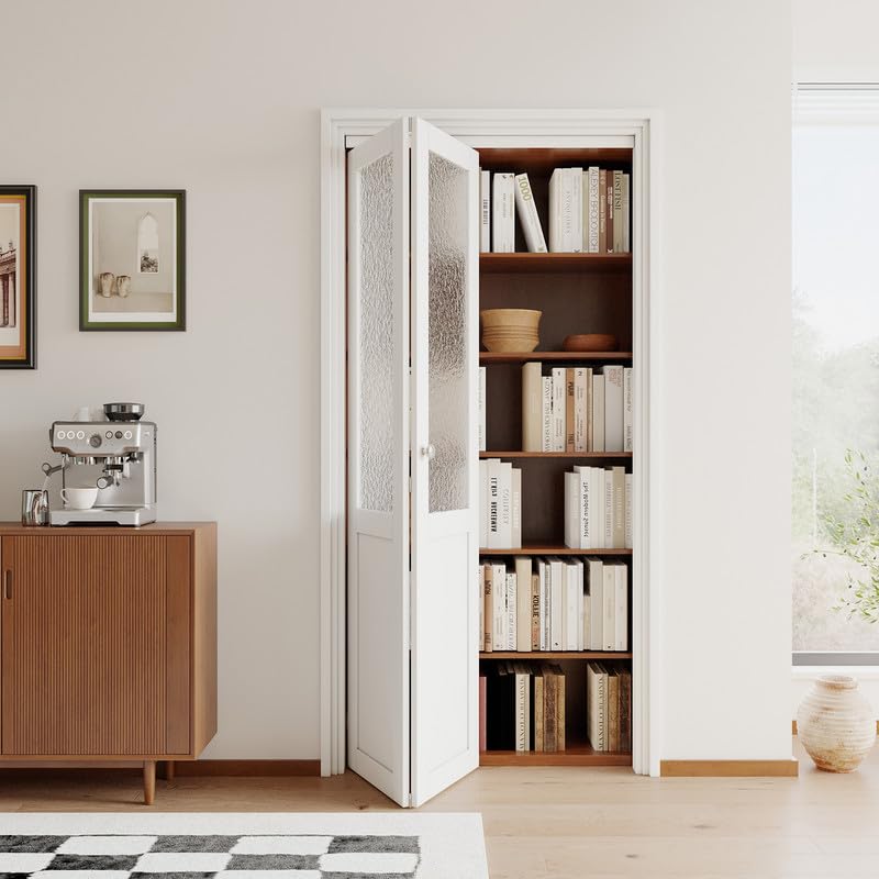 JUJUBON Bi-Fold Doors for Opening, Half Tempered Frosted Glass Closet Door with MDF Panel Hardware Kit Included, Interior Folding Door Easy Assembly