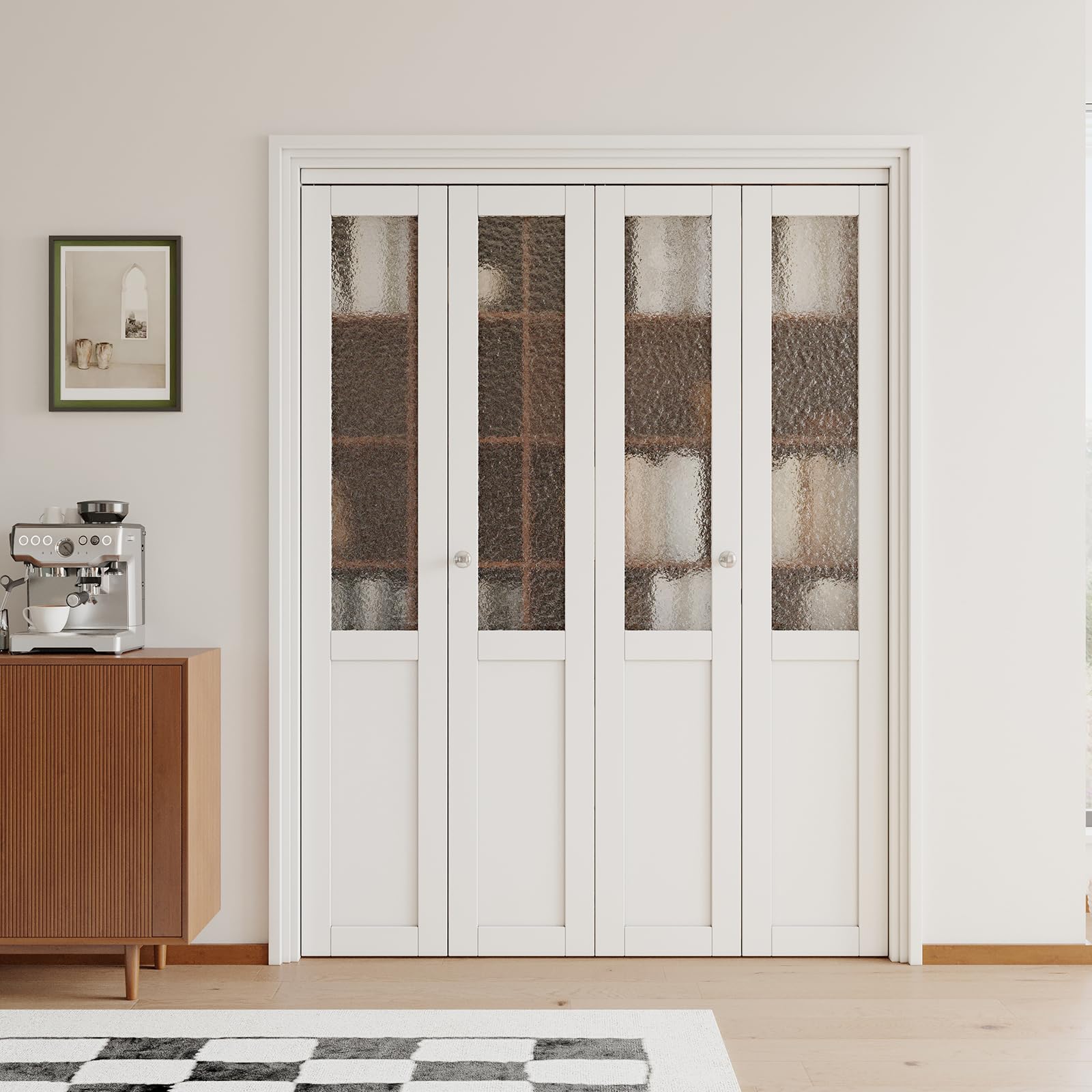 JUJUBON Bi-Fold Doors for Opening, Half Tempered Frosted Glass Closet Door with MDF Panel Hardware Kit Included, Interior Folding Door Easy Assembly